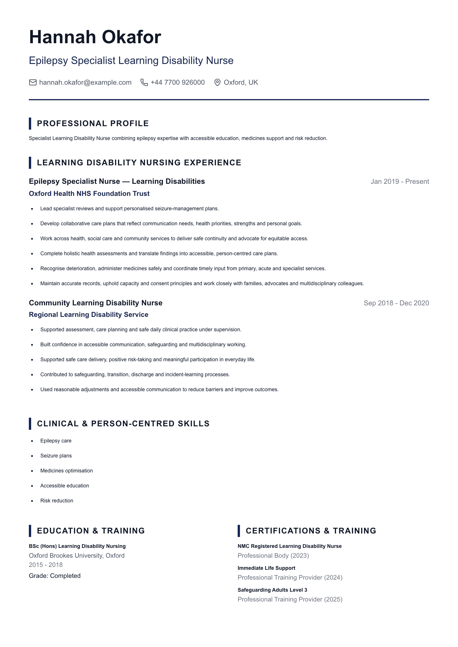 Epilepsy Specialist Nurse CV template