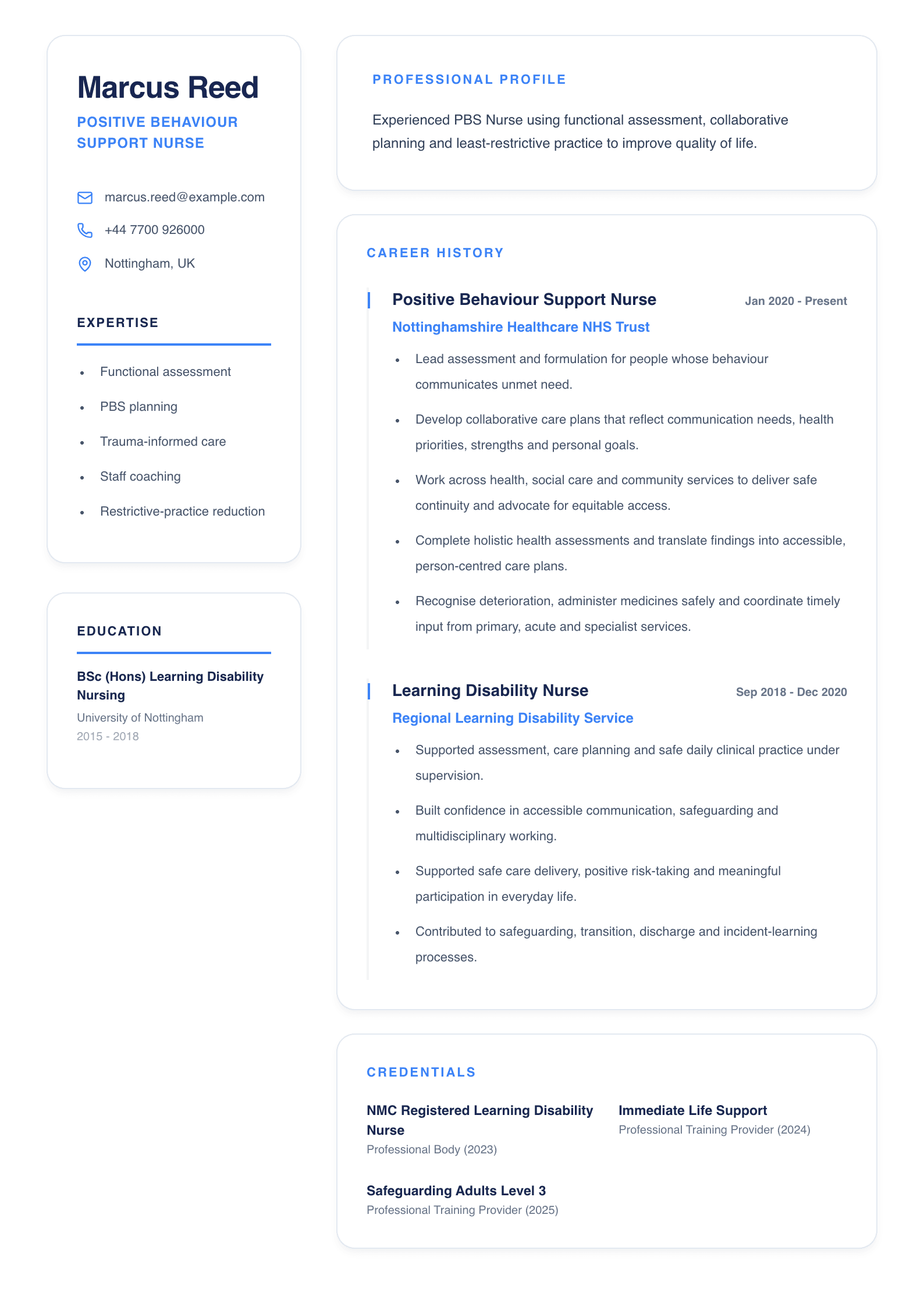Positive Behaviour Support Nurse CV template