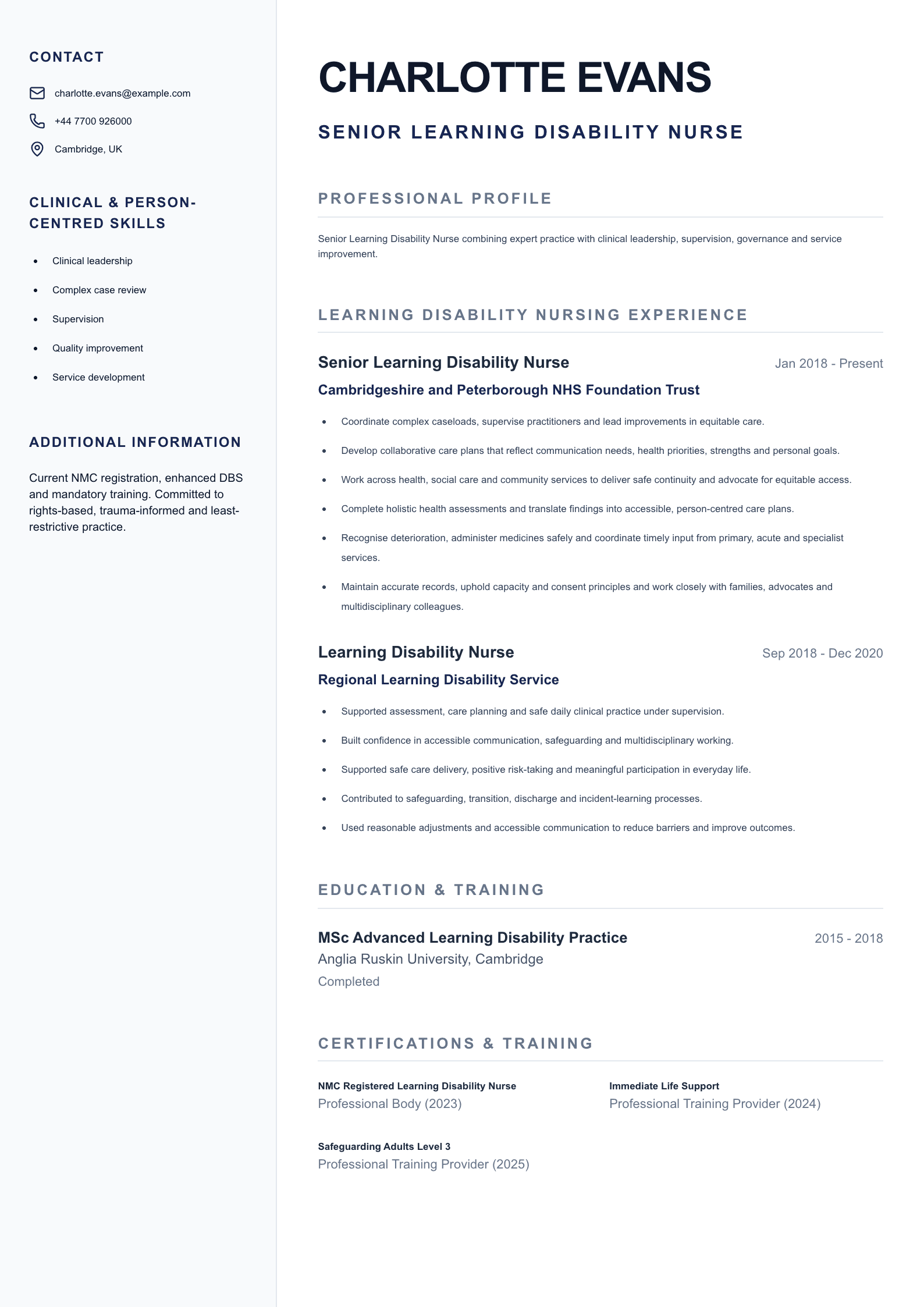 Senior Learning Disability Nurse CV template