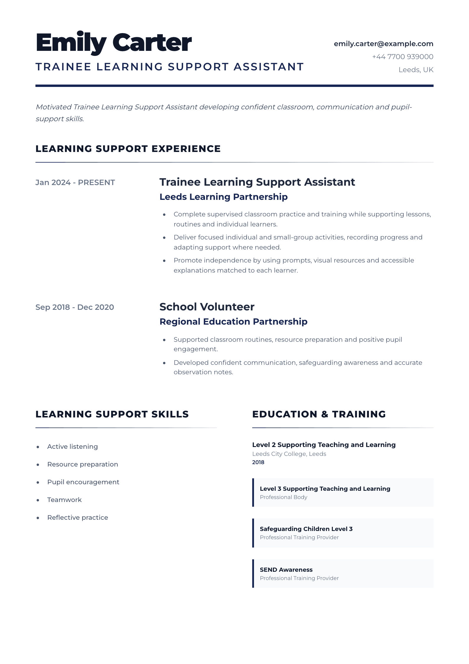 Trainee Learning Support Assistant CV template