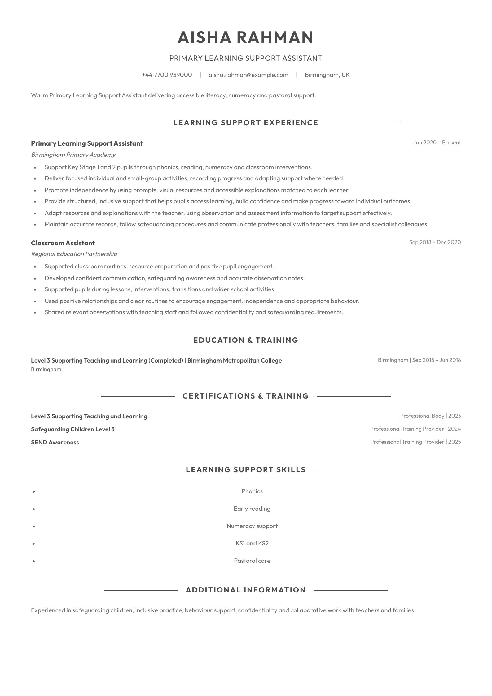 Primary Learning Support Assistant CV template