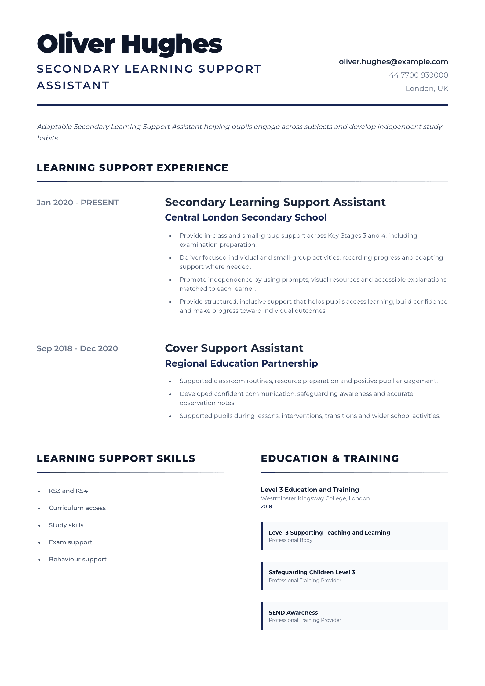 Secondary Learning Support Assistant CV template