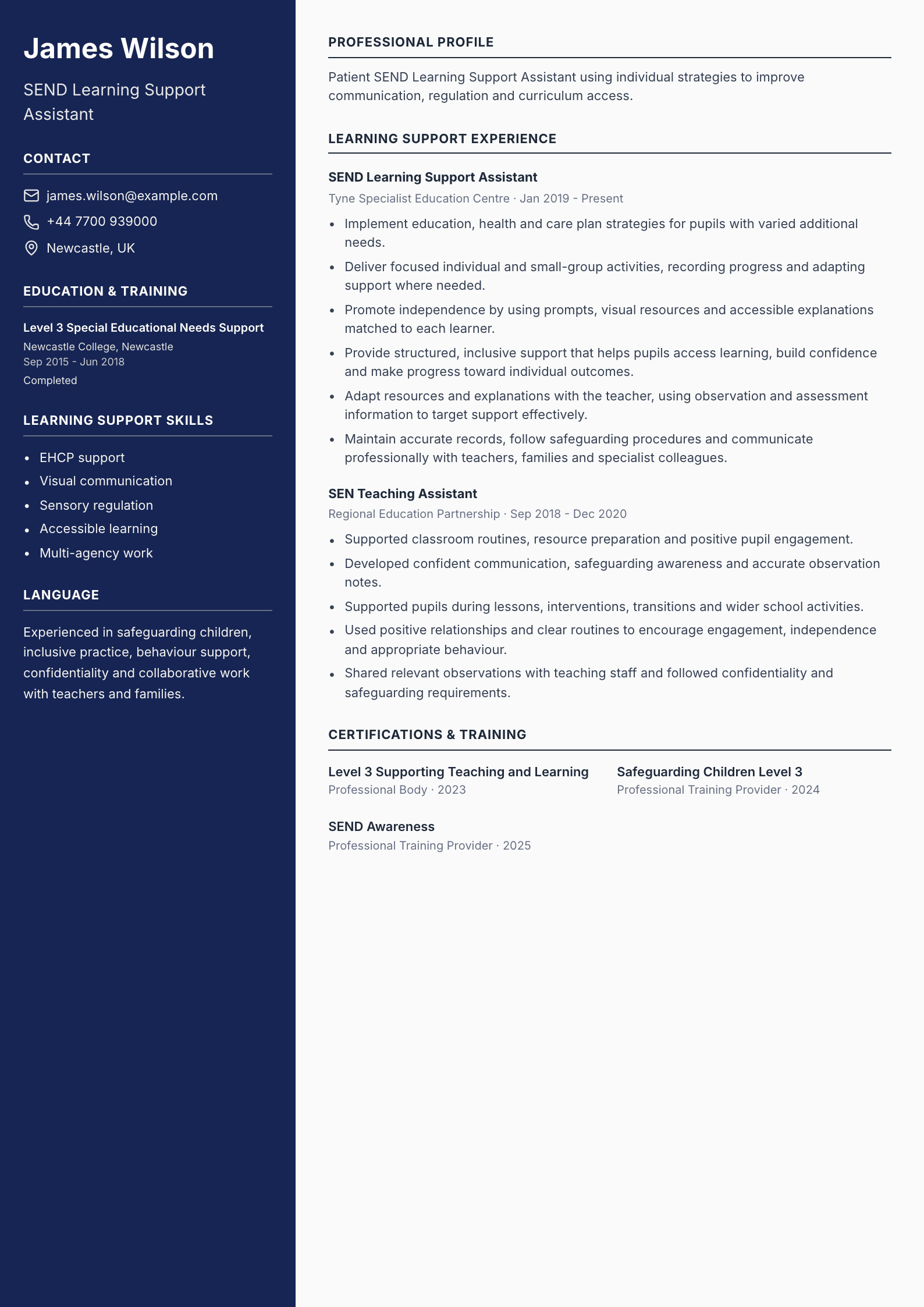 SEND Learning Support Assistant CV template