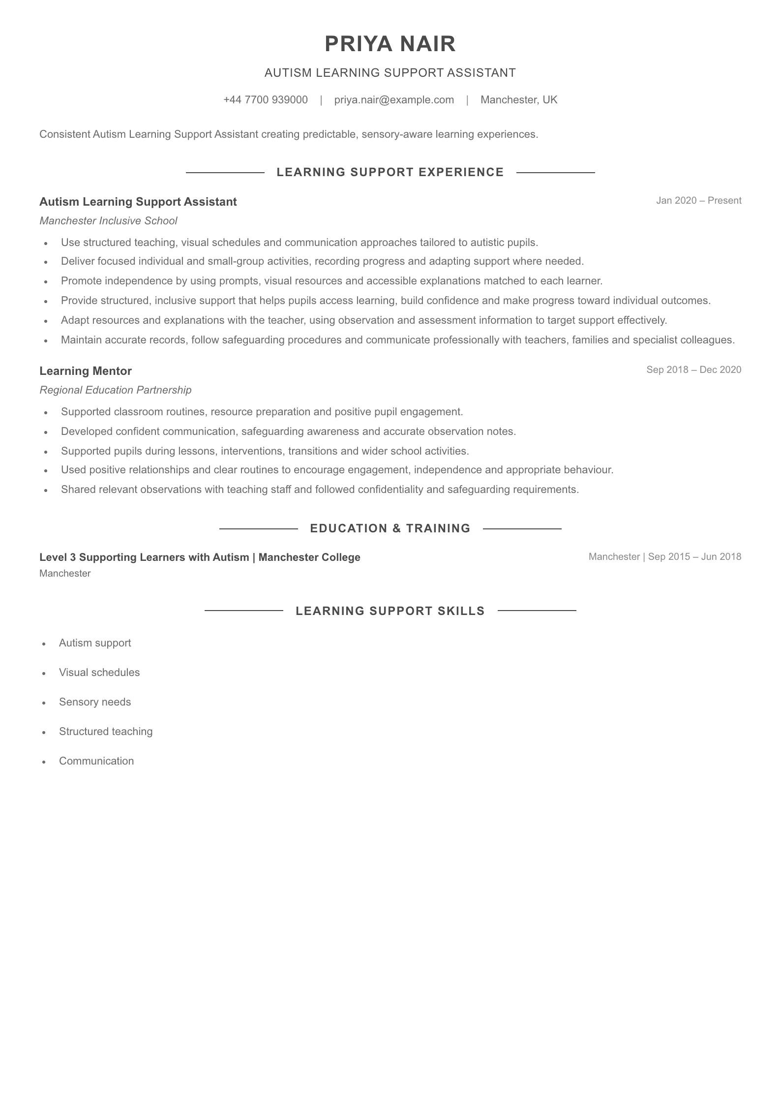 Autism Learning Support Assistant CV template