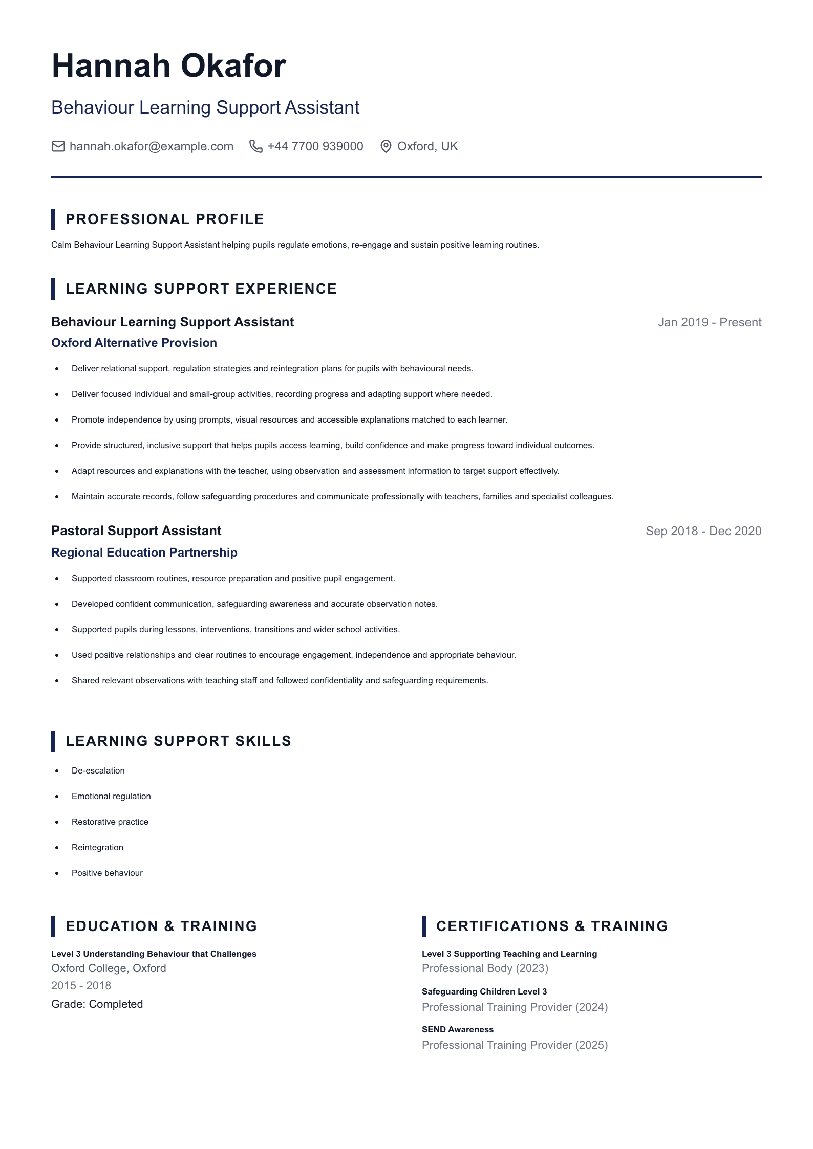 Behaviour Learning Support Assistant CV template