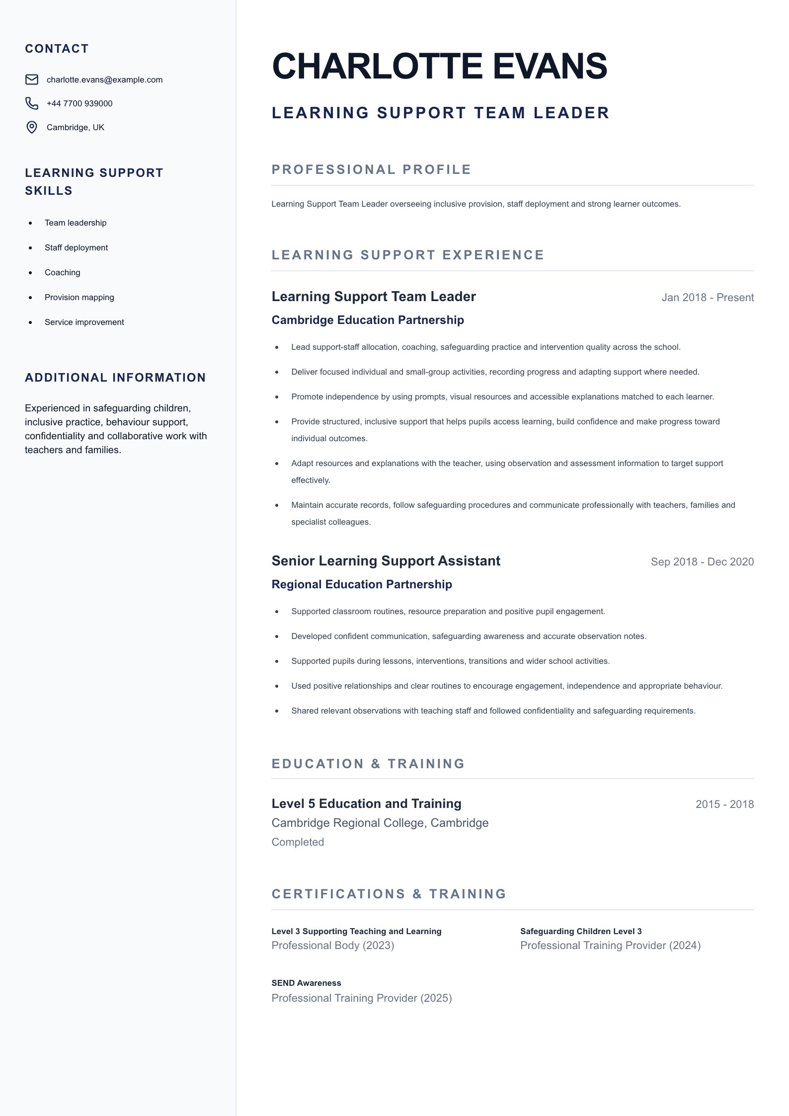 Learning Support Team Leader CV template