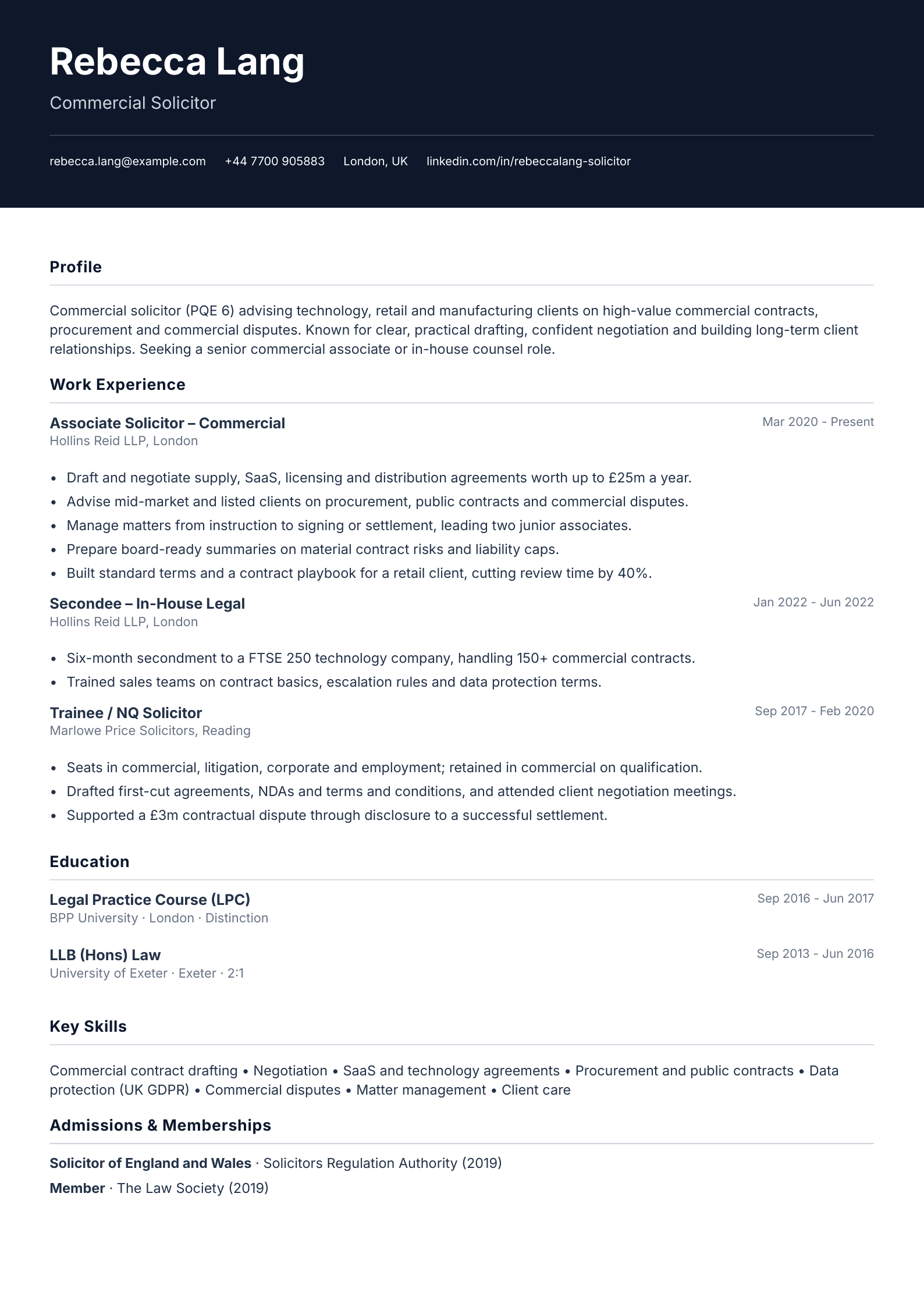 free legal cv template commercial solicitor