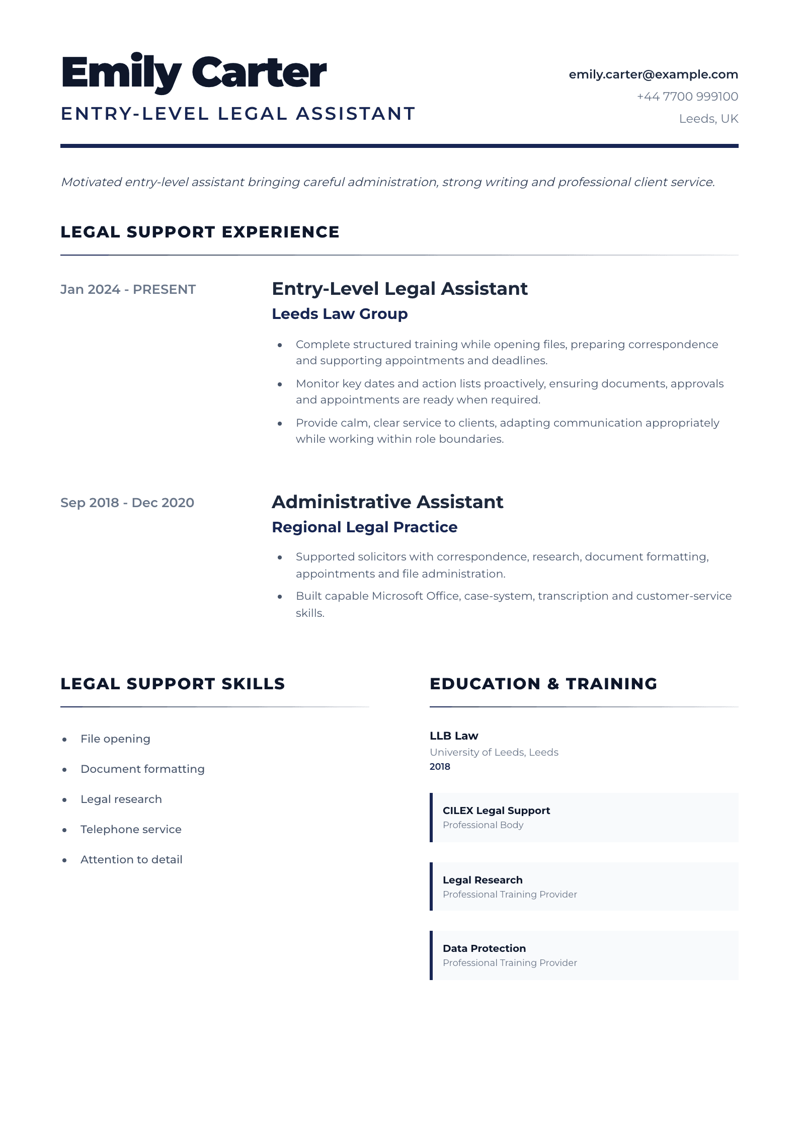 Entry-Level Legal Assistant CV template