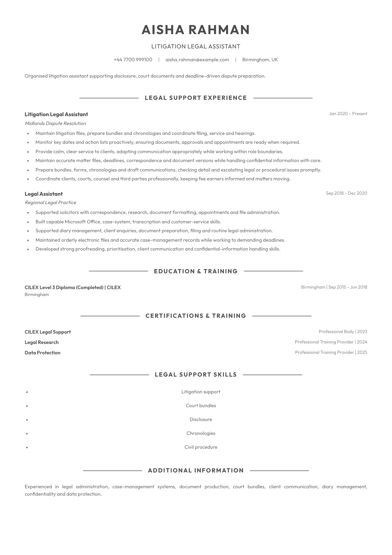 Litigation Legal Assistant CV template