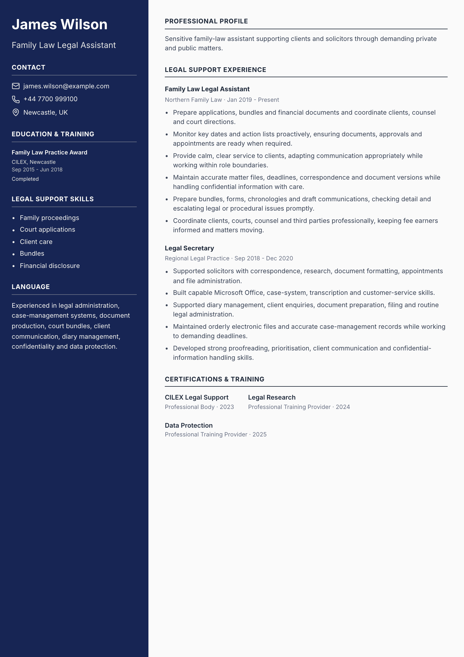 Family Law Legal Assistant CV template