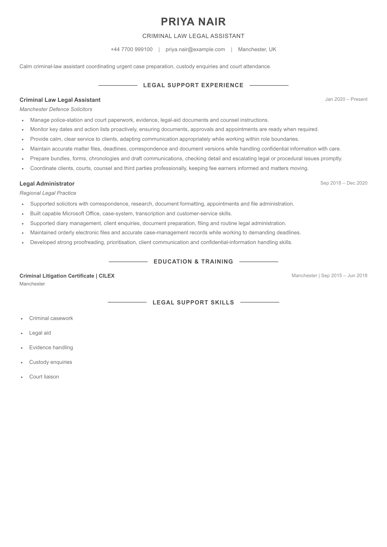 Criminal Law Legal Assistant CV template