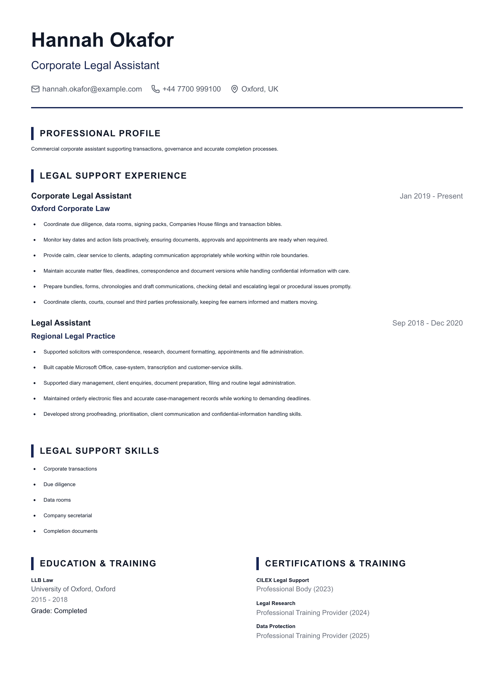 Corporate Legal Assistant CV template