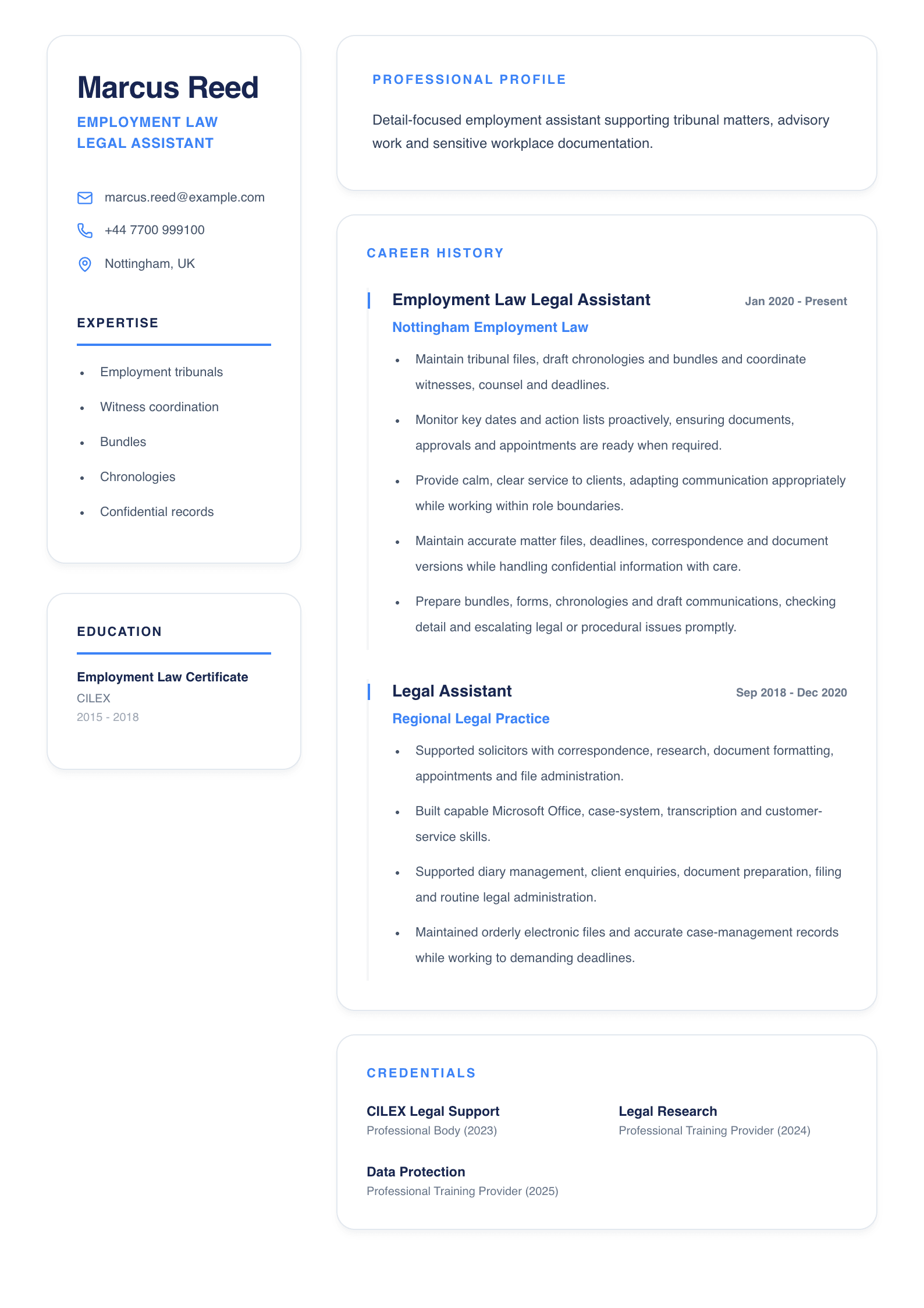 Employment Law Legal Assistant CV template