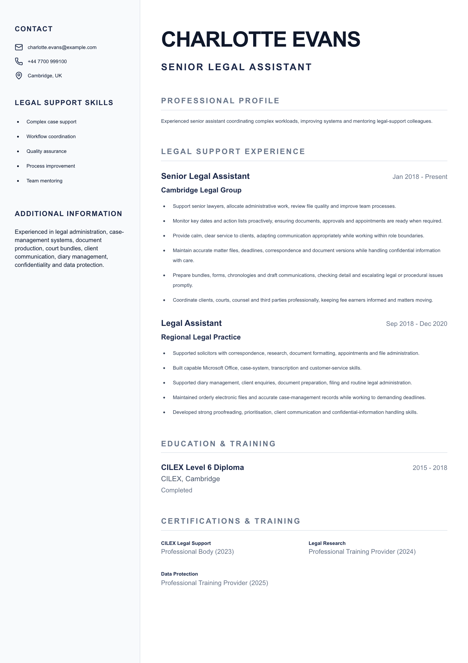 Senior Legal Assistant CV template