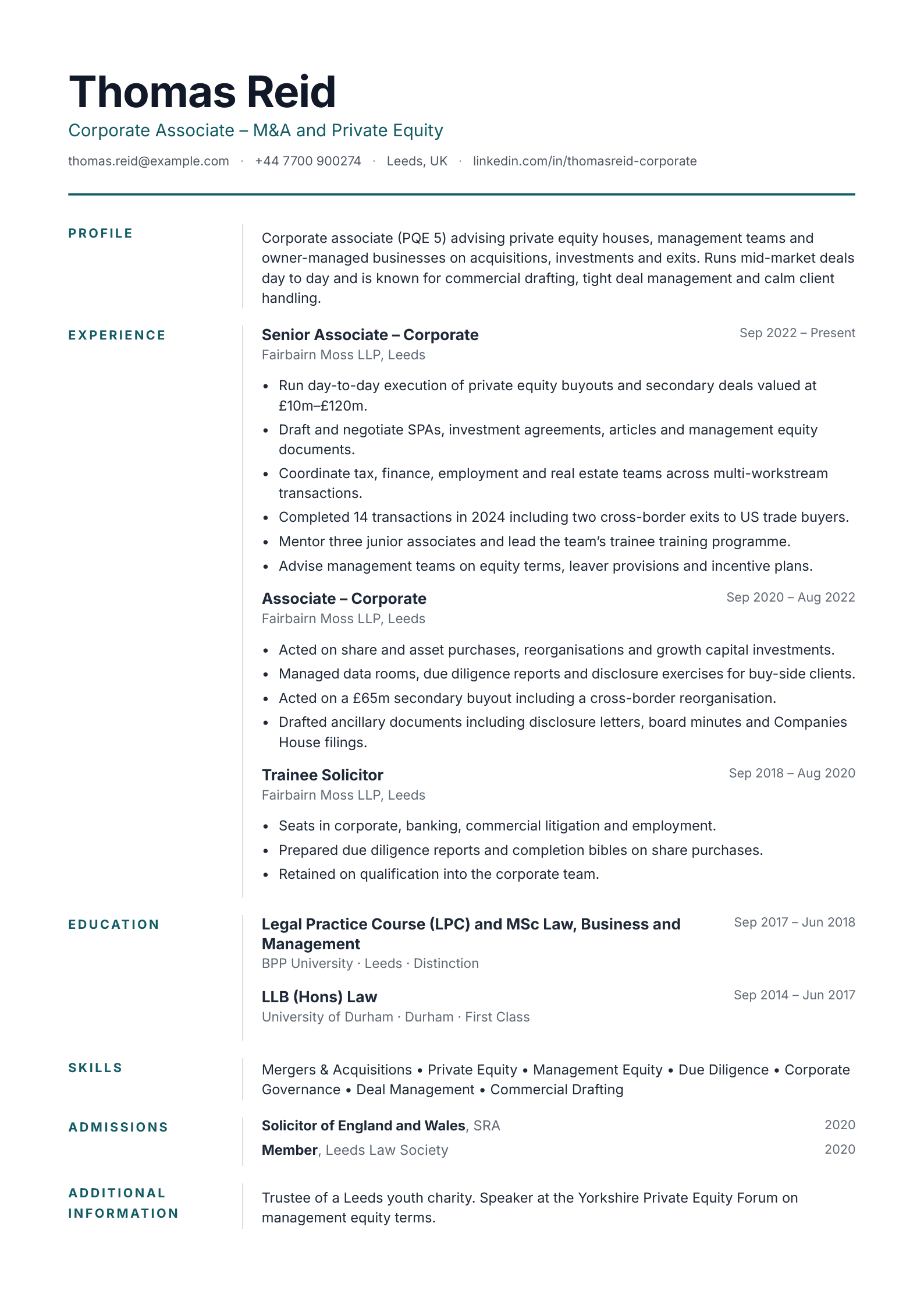 free legal cv template corporate associate
