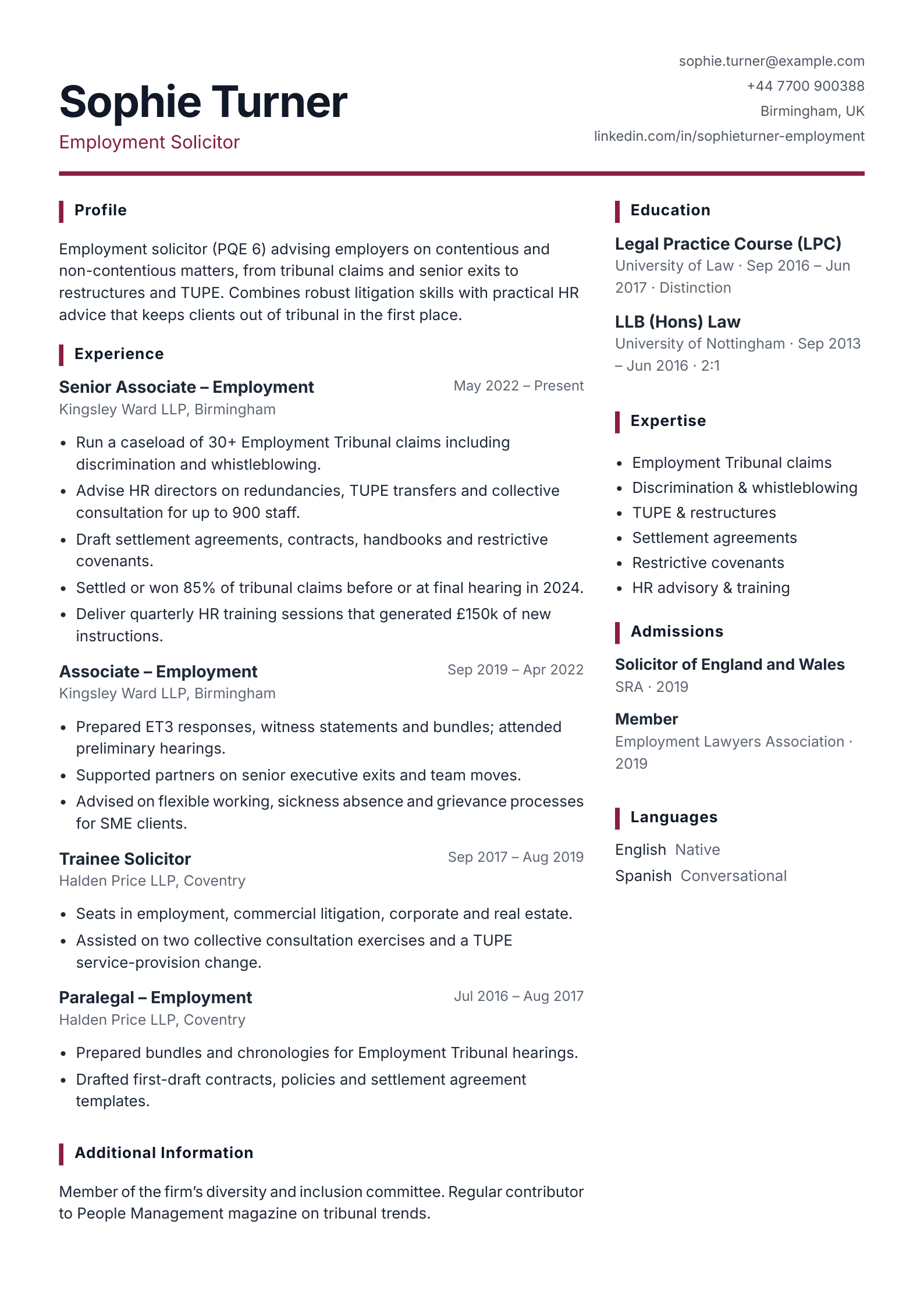 free legal cv template employment solicitor