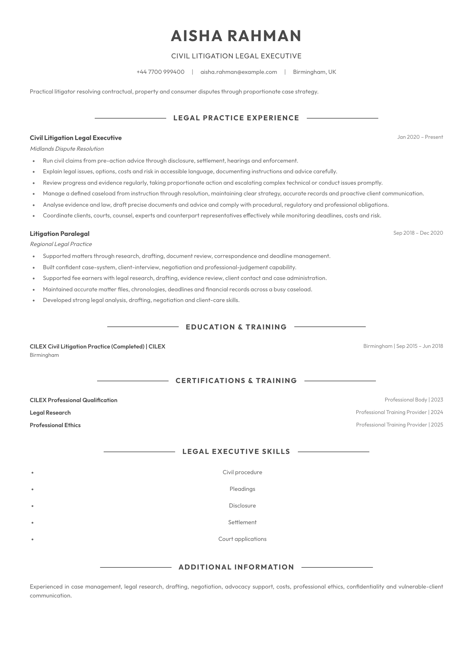 Civil Litigation Legal Executive CV template