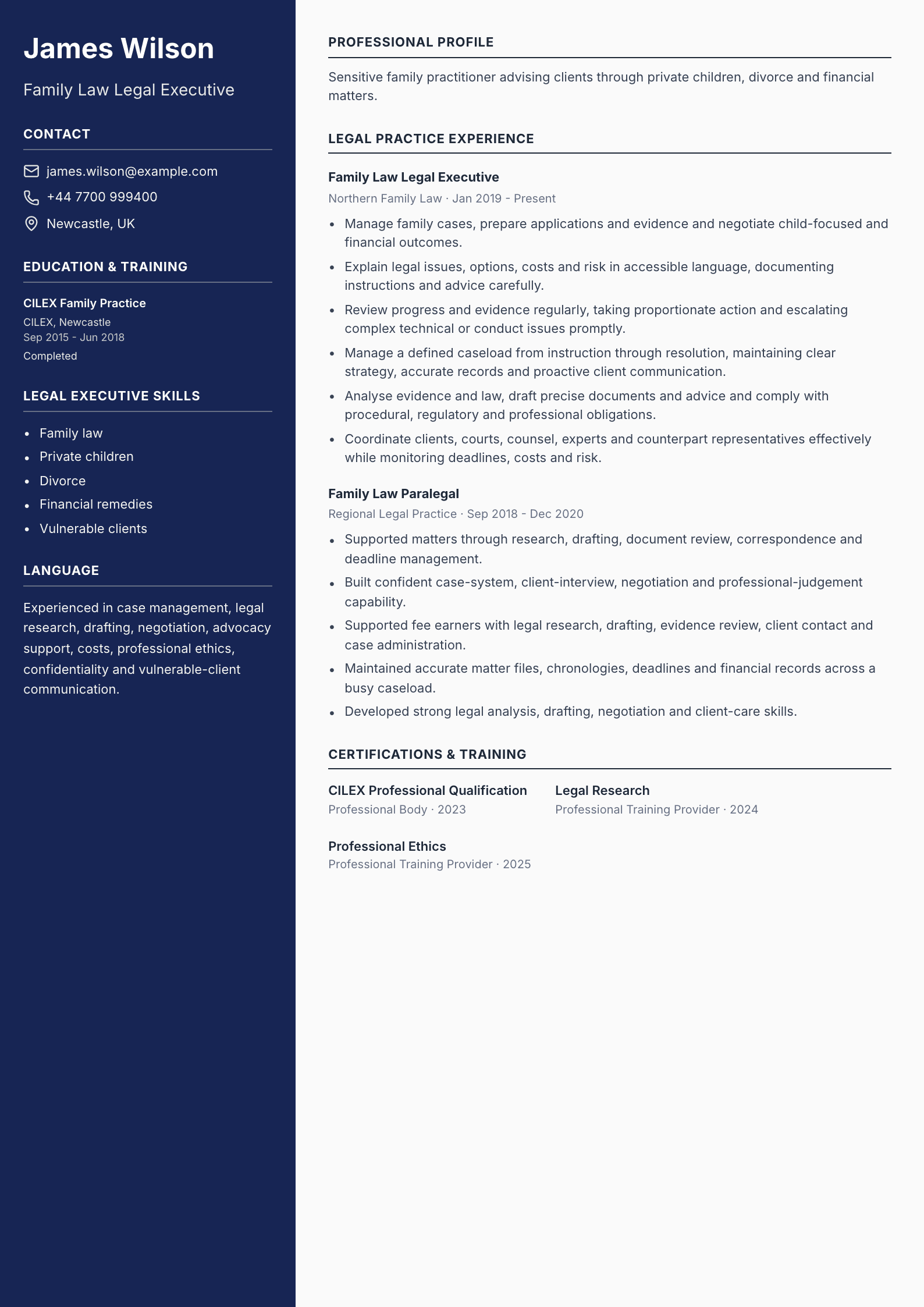 Family Law Legal Executive CV template