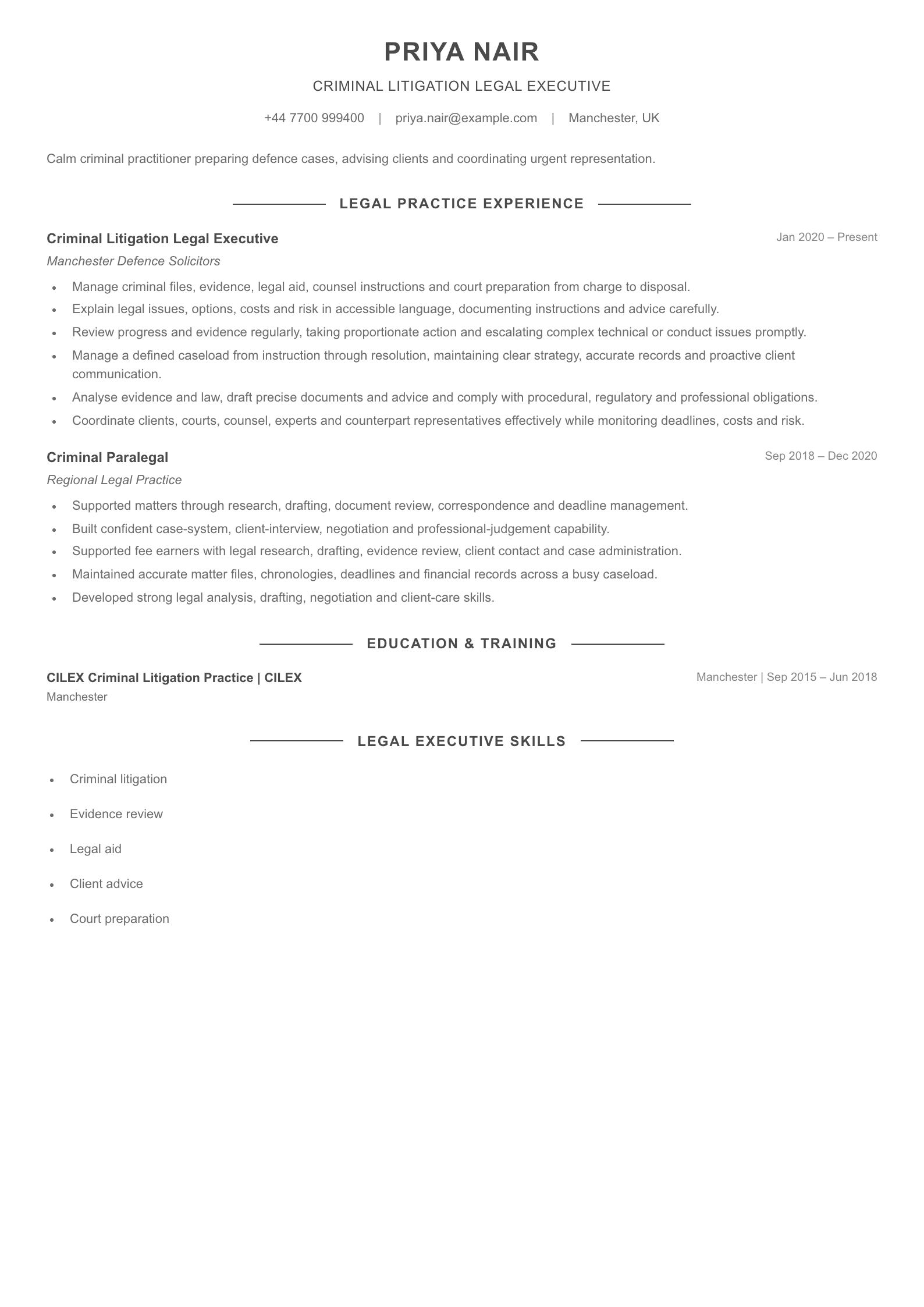 Criminal Litigation Legal Executive CV template