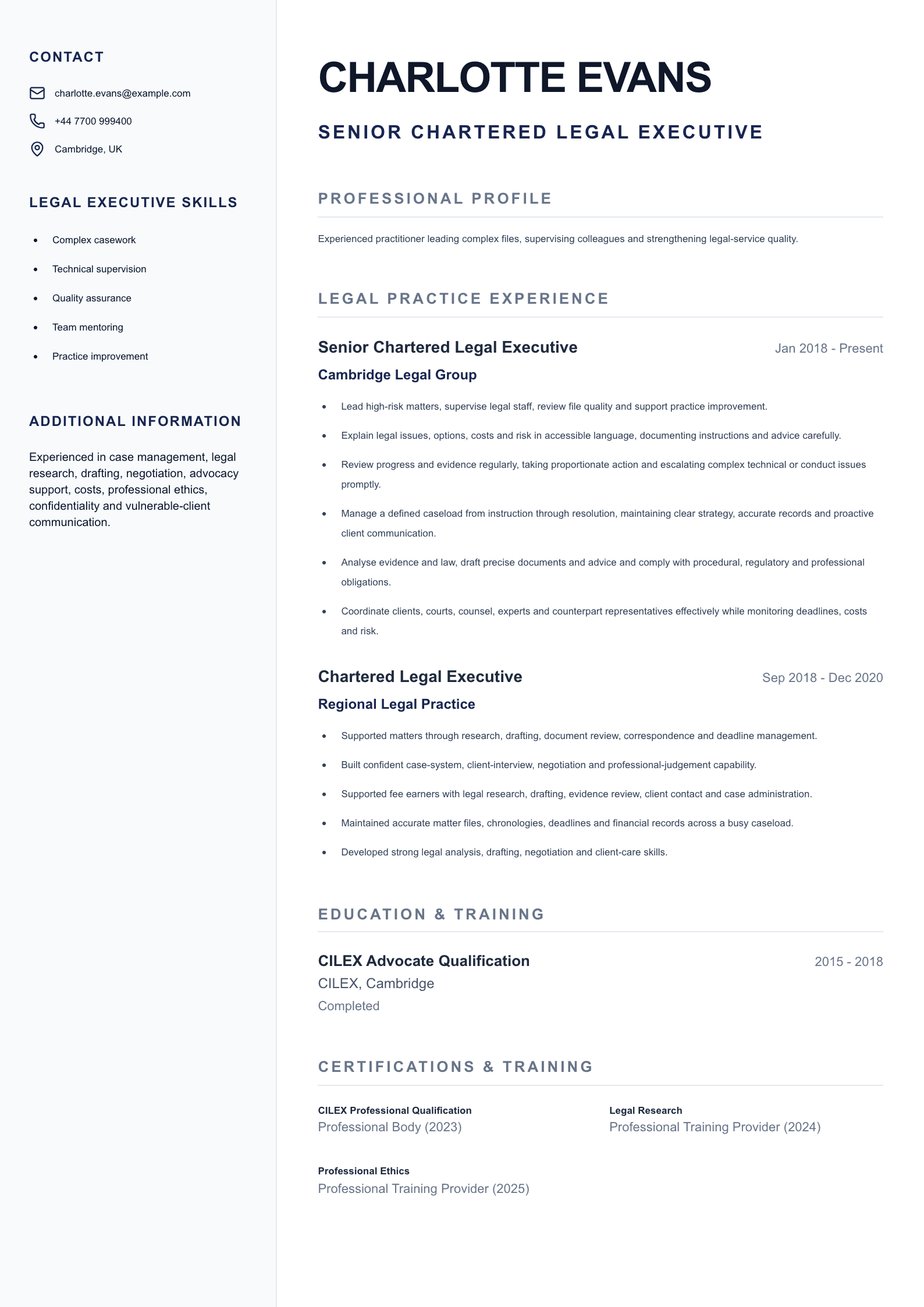 Senior Chartered Legal Executive CV template