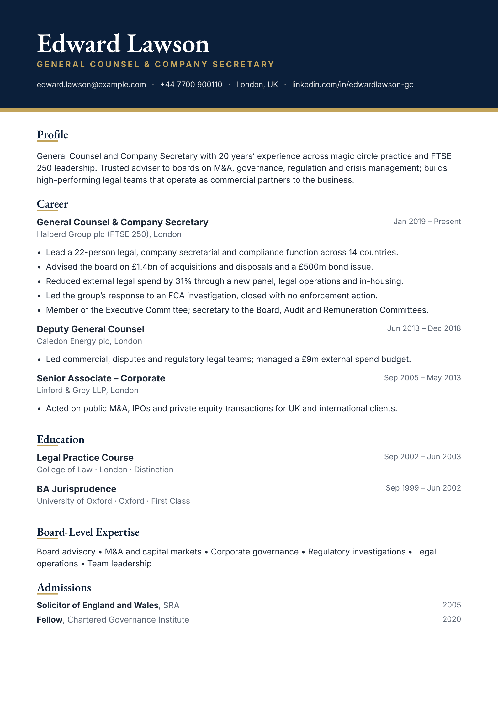 free legal cv template general counsel