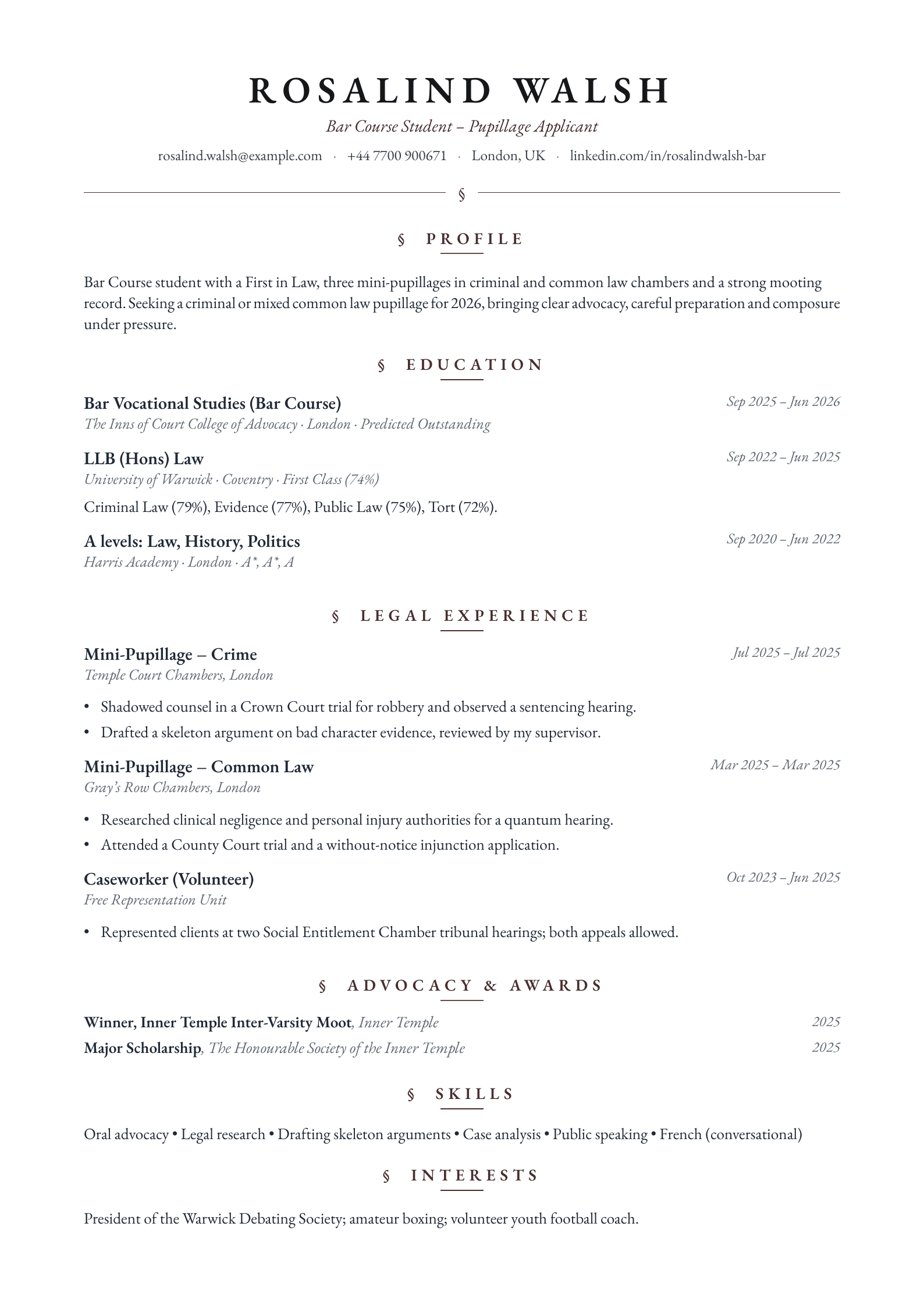 free legal cv template pupillage