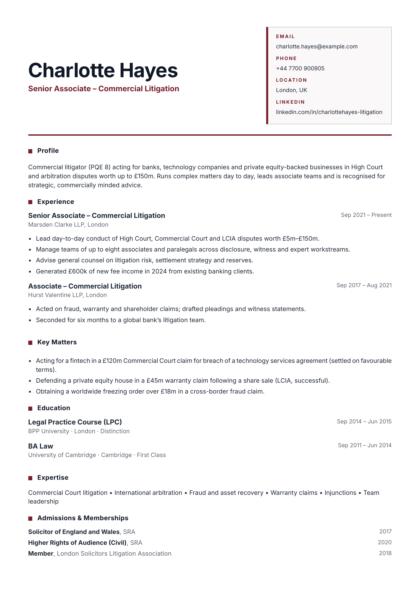 free legal cv template senior associate