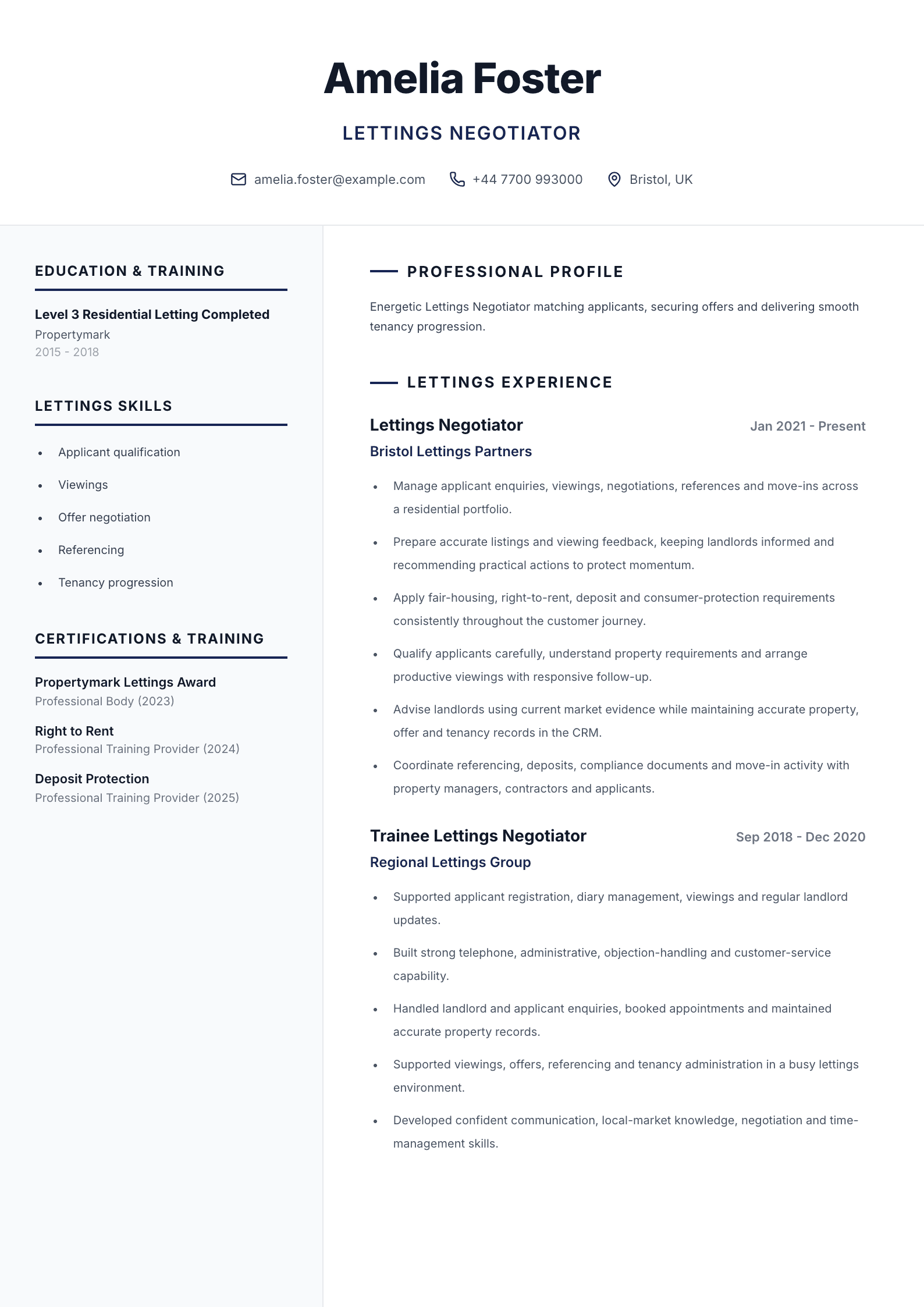 Lettings negotiator CV