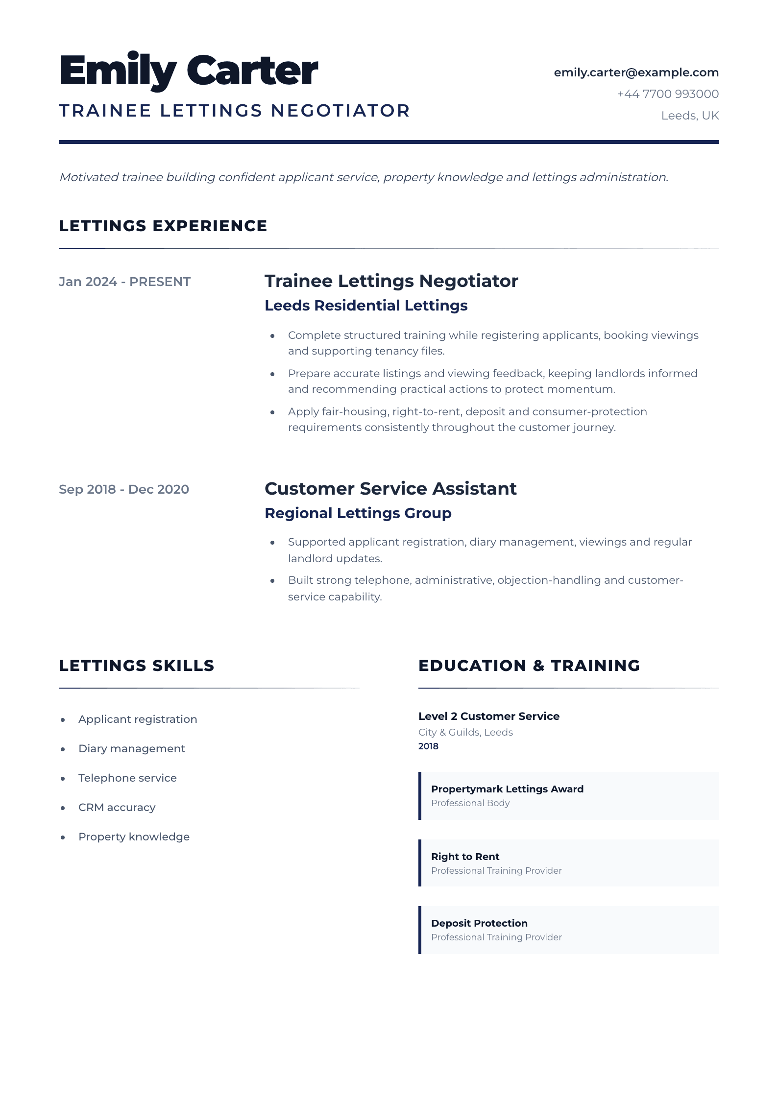 Trainee Lettings Negotiator CV template