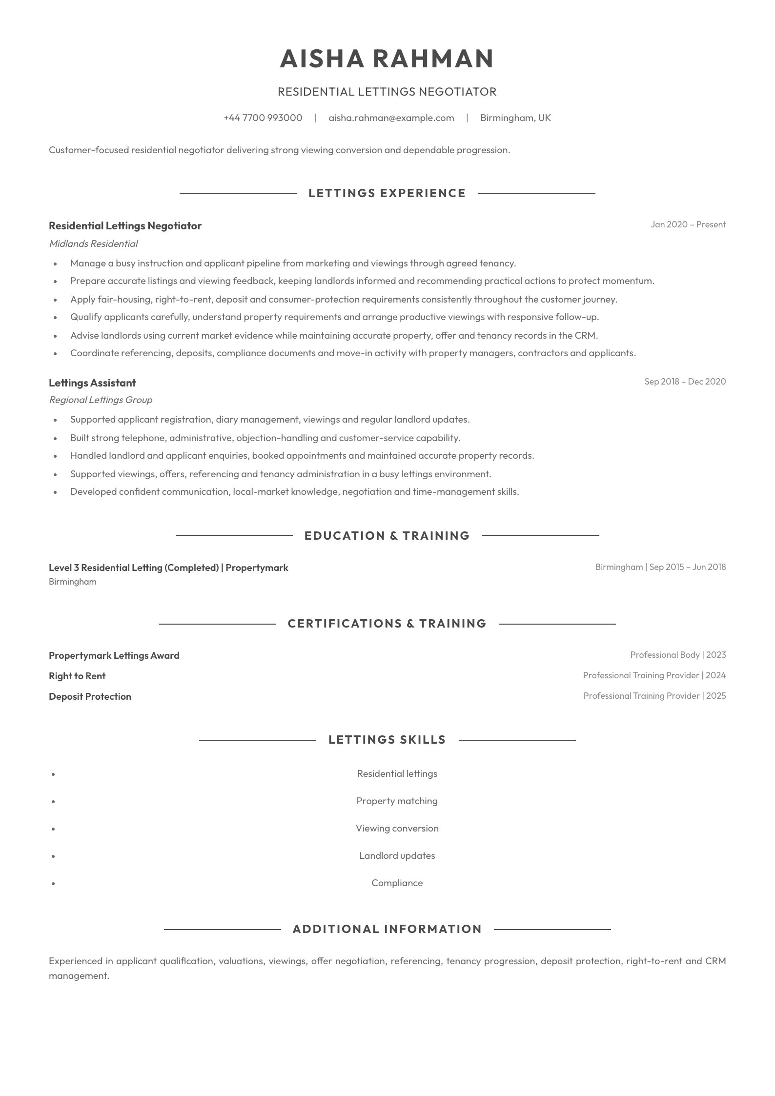 Residential Lettings Negotiator CV template