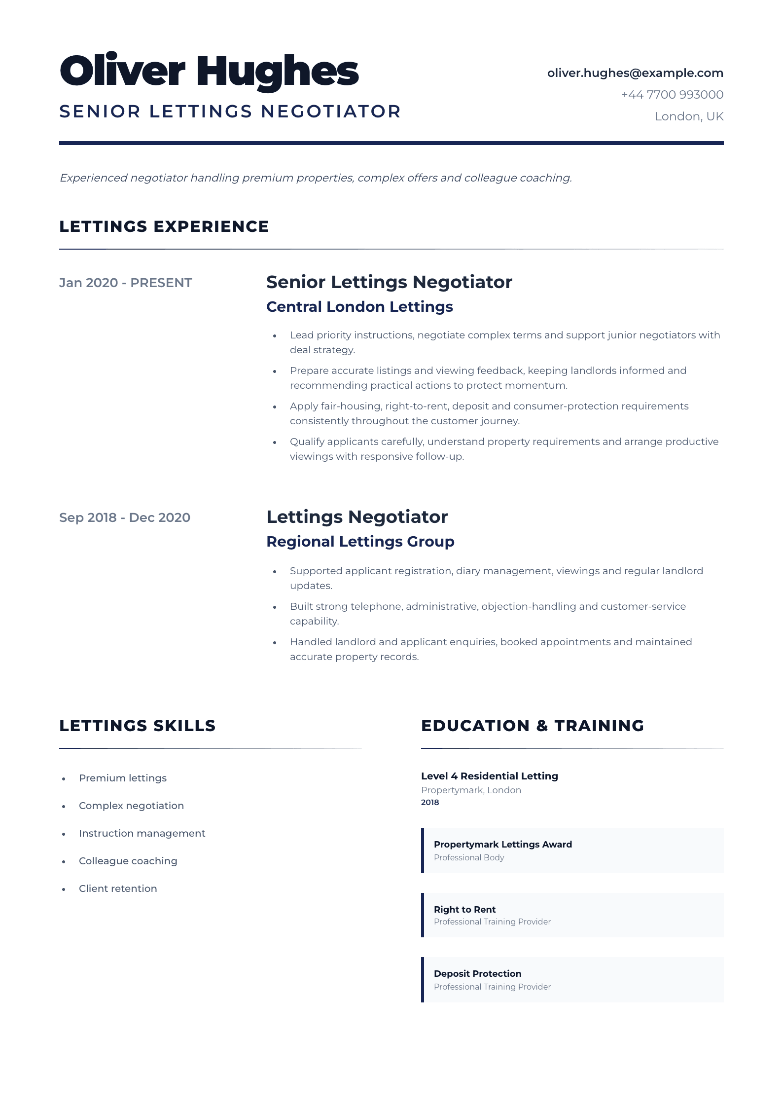 Senior Lettings Negotiator CV template