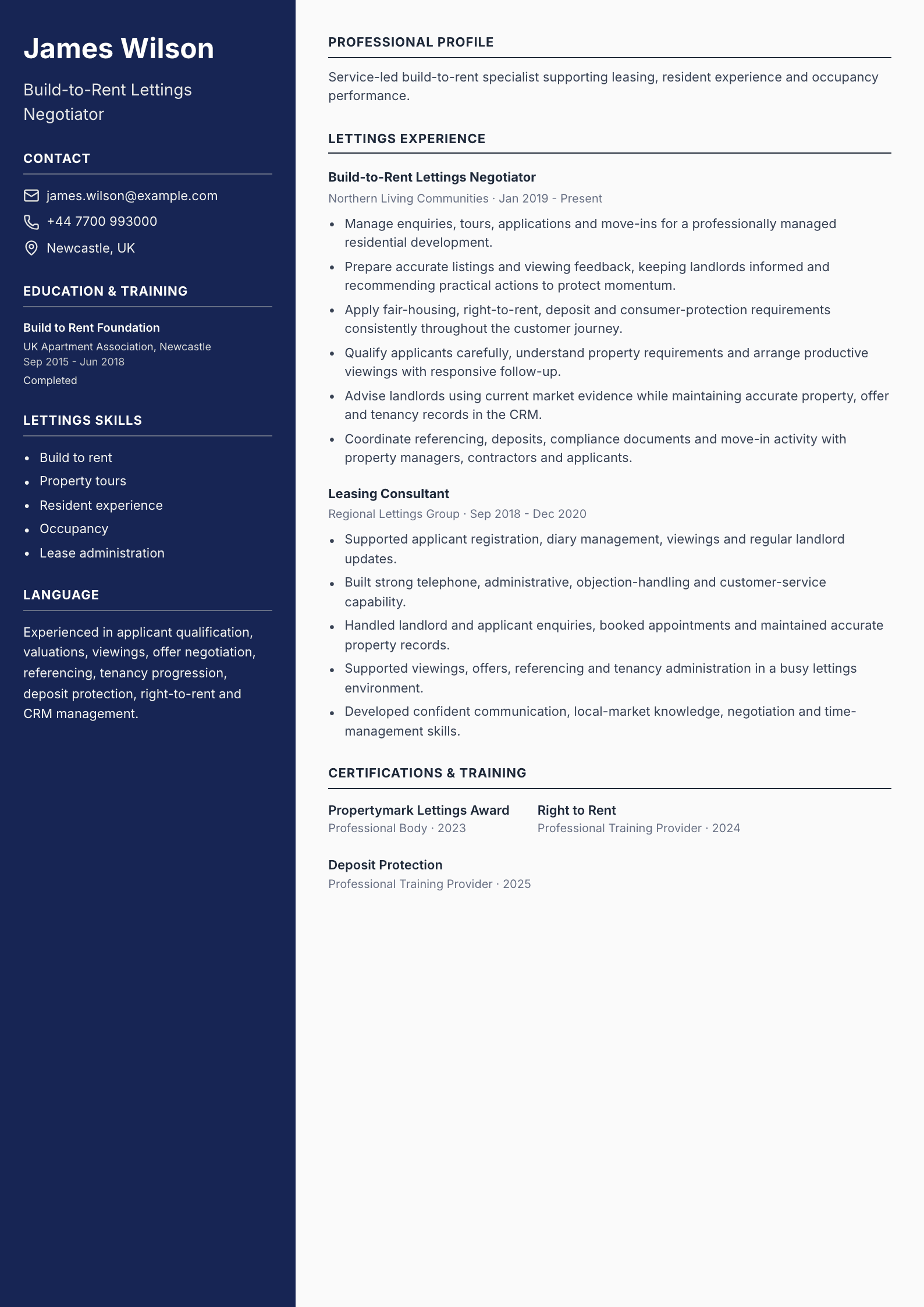 Build-to-Rent Lettings Negotiator CV template