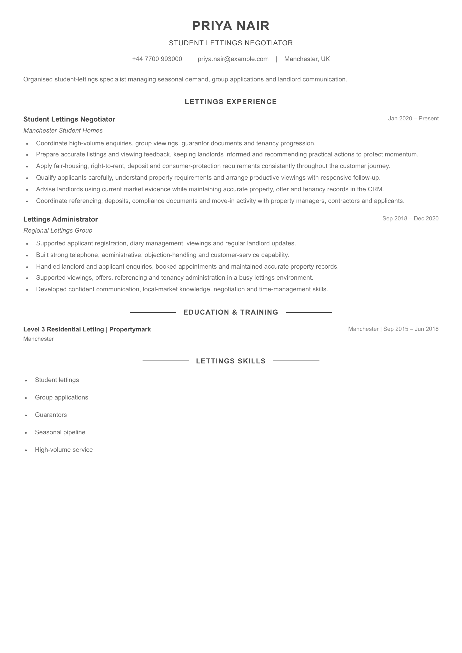 Student Lettings Negotiator CV template