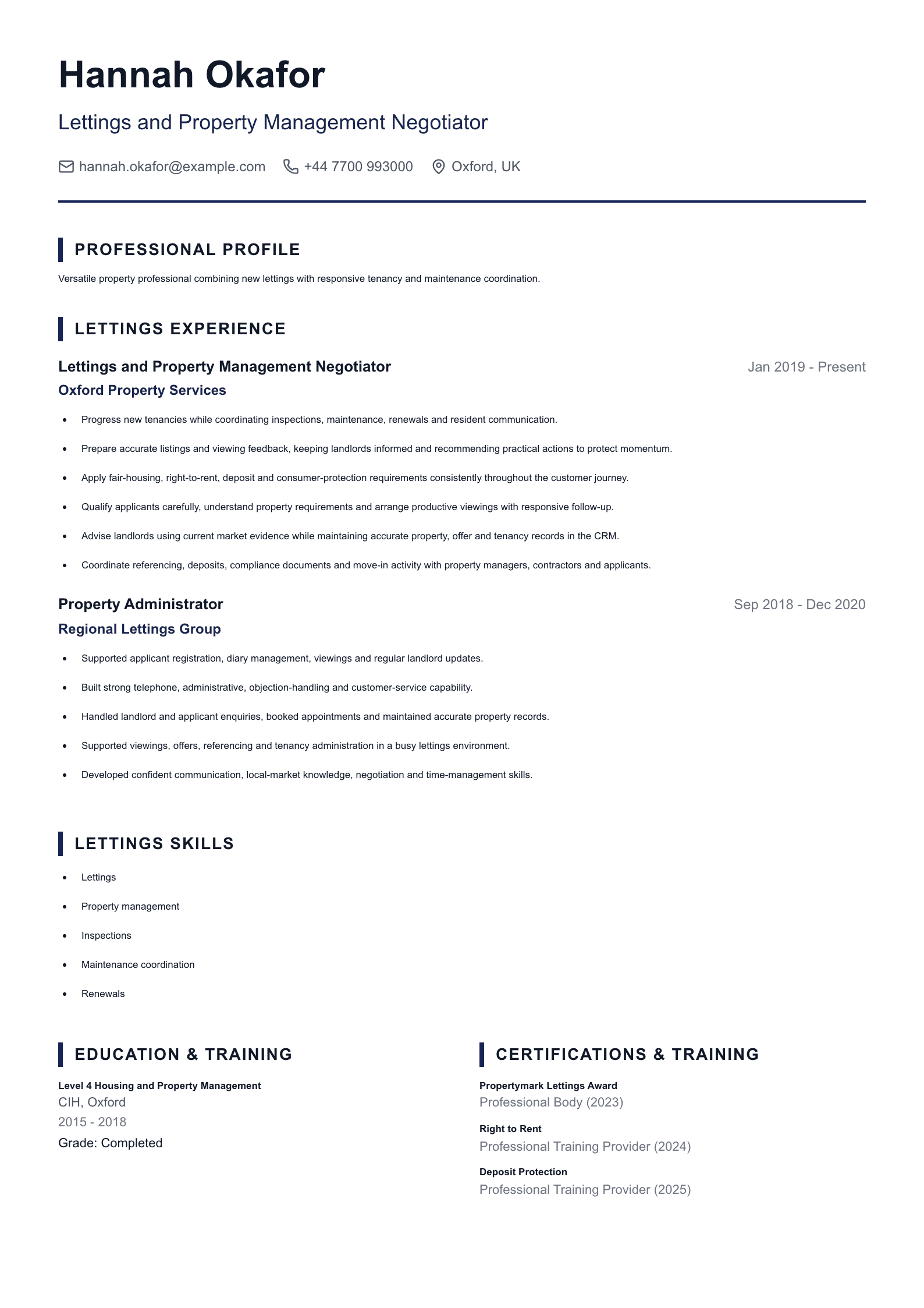 Lettings and Property Management Negotiator CV template