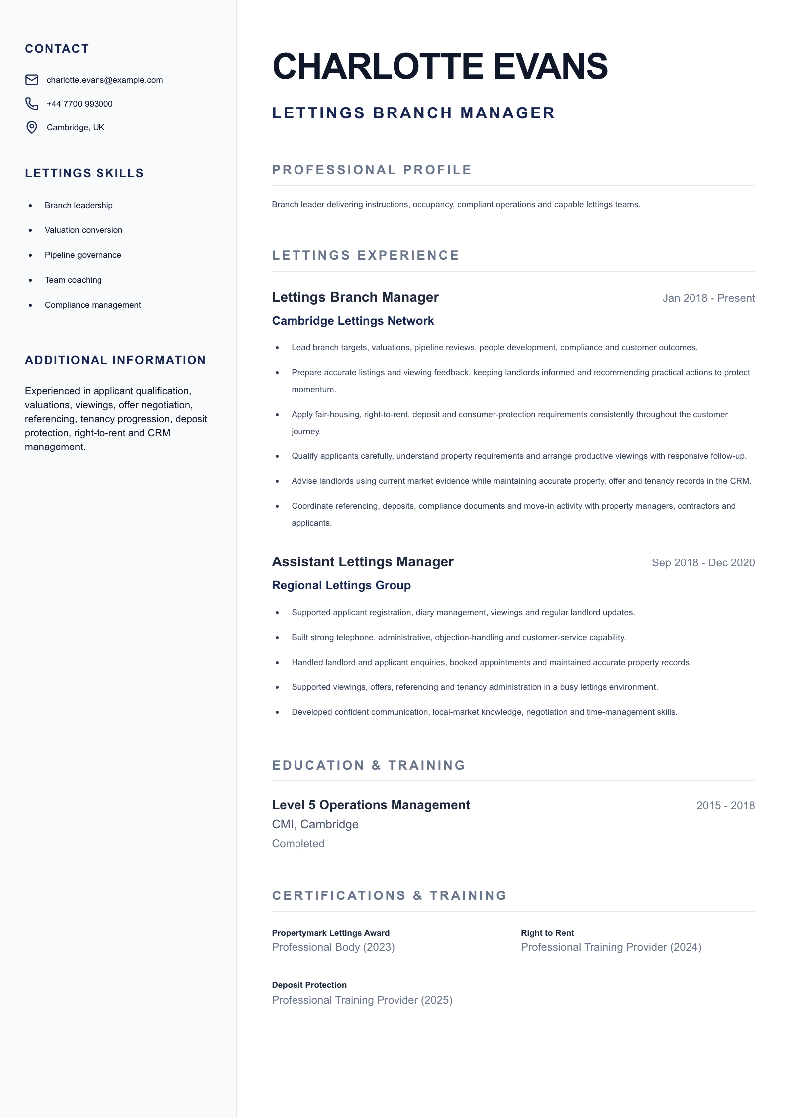 Lettings Branch Manager CV template