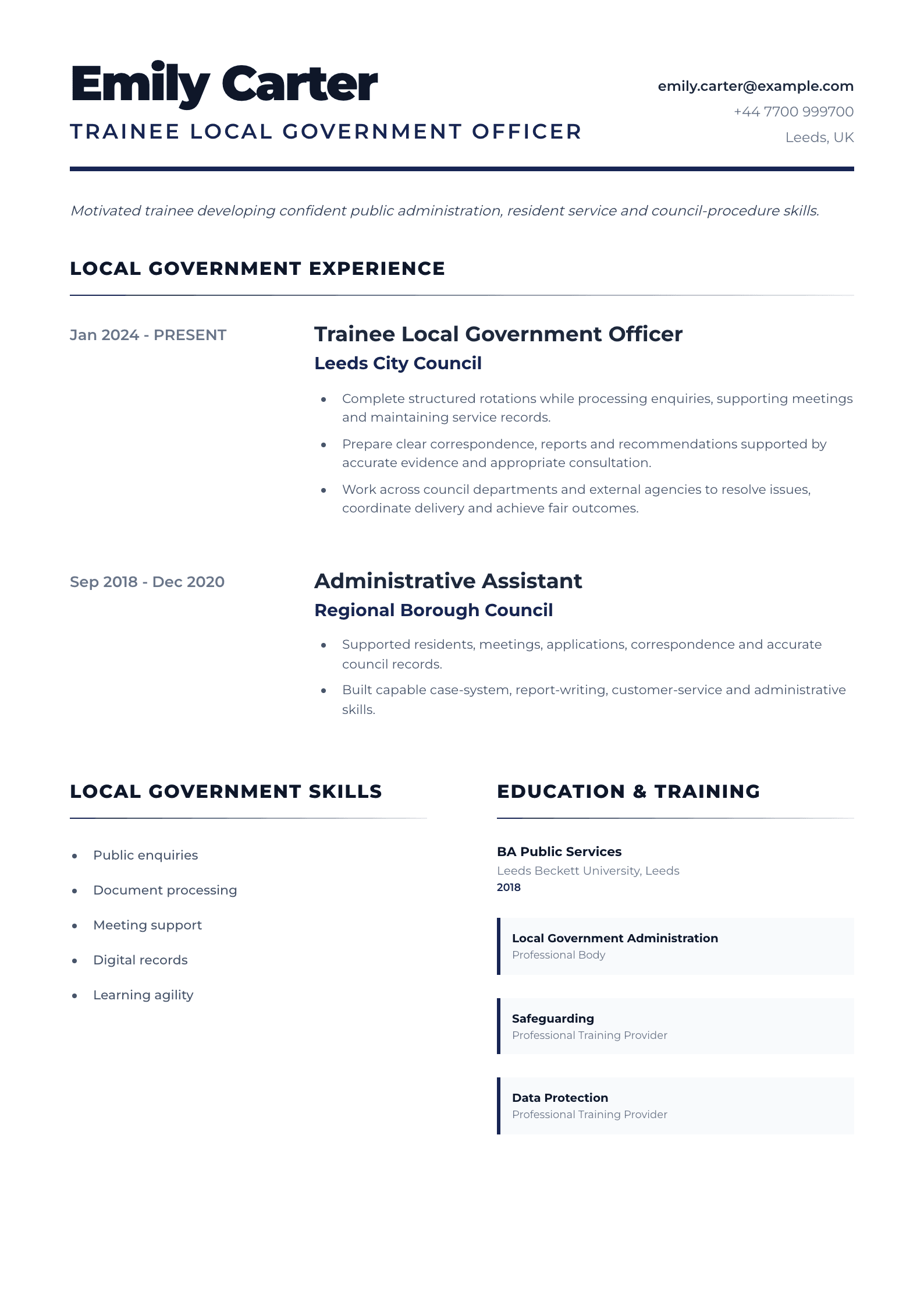 Trainee Local Government Officer CV template