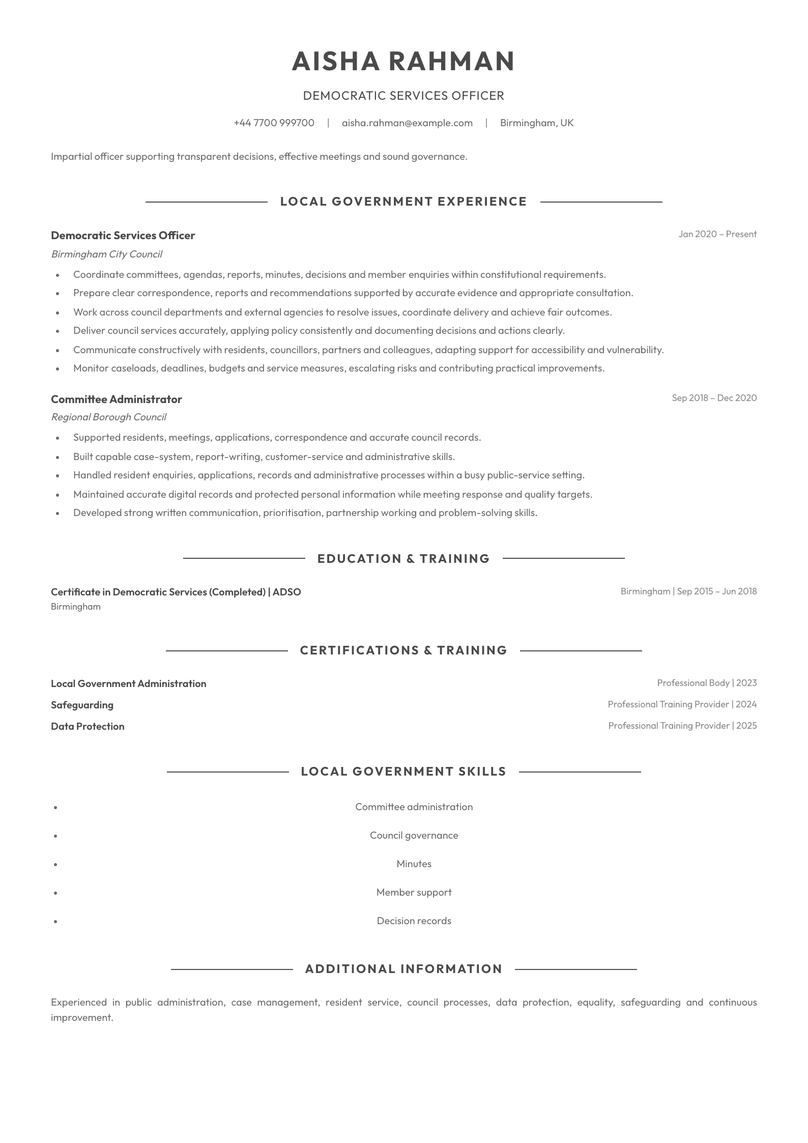 Democratic Services Officer CV template