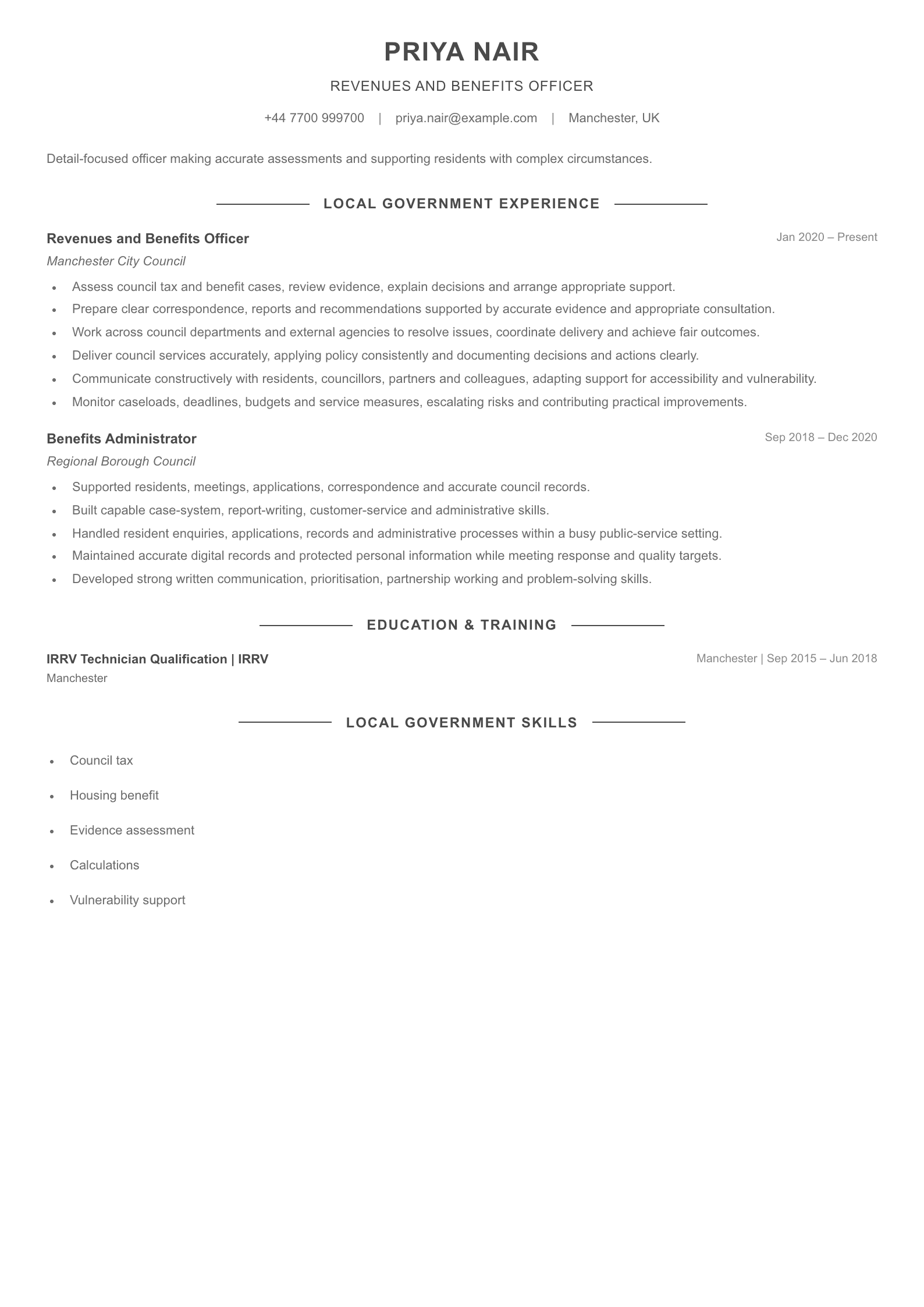 Revenues and Benefits Officer CV template