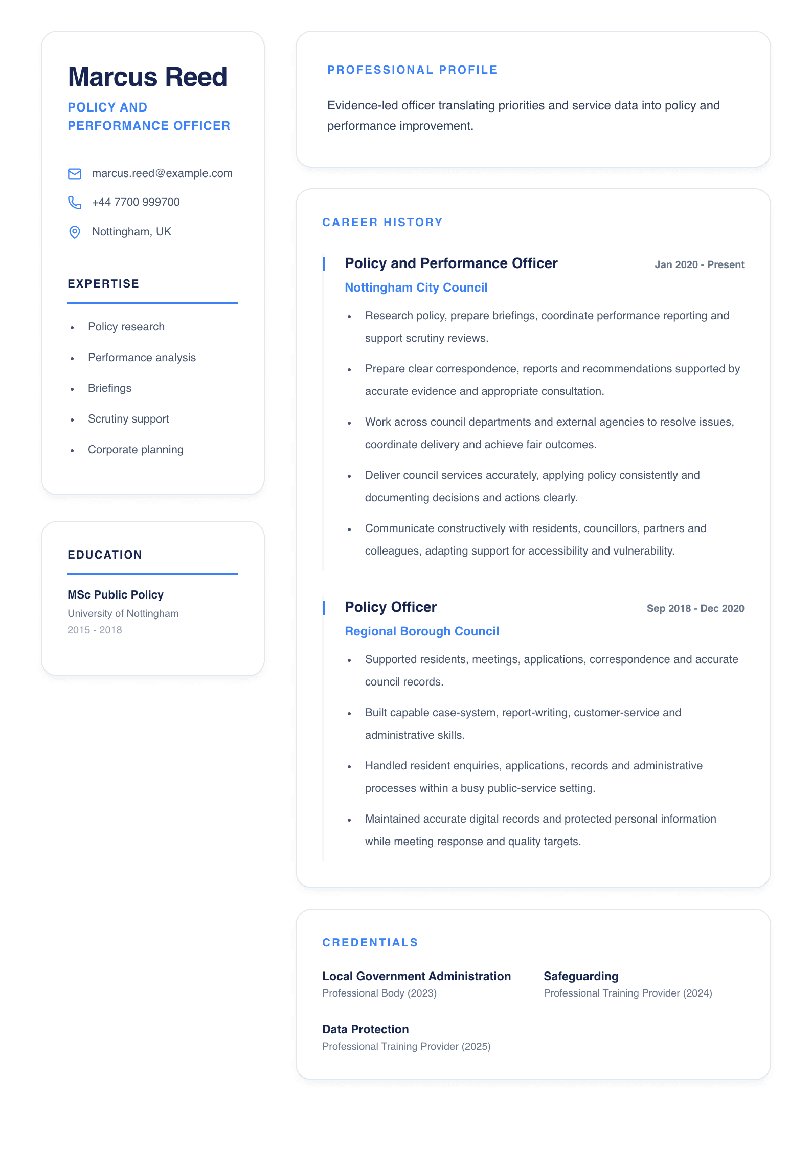 Policy and Performance Officer CV template