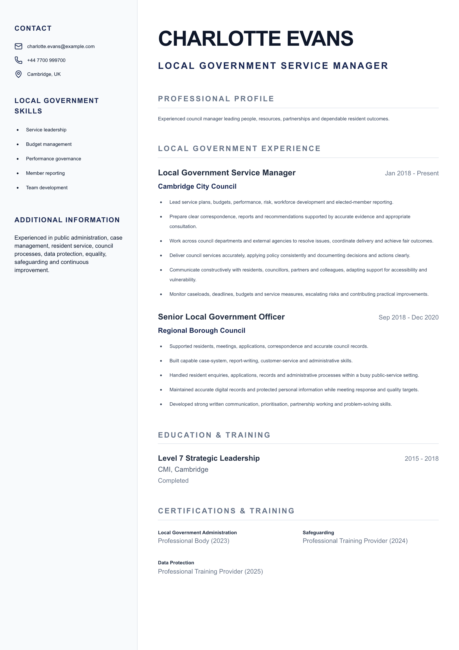 Local Government Service Manager CV template