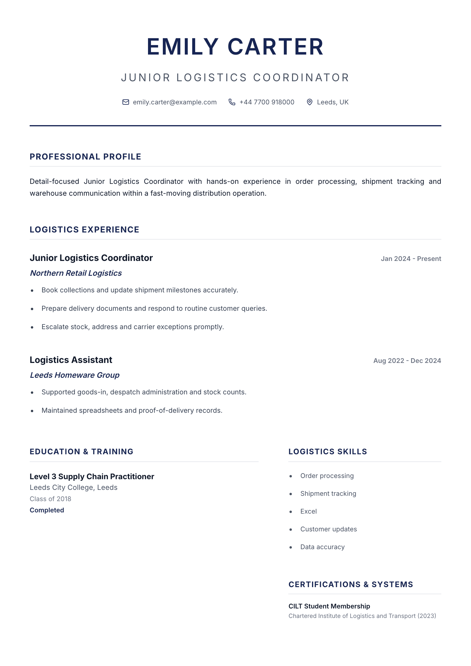 Junior Logistics Coordinator CV template