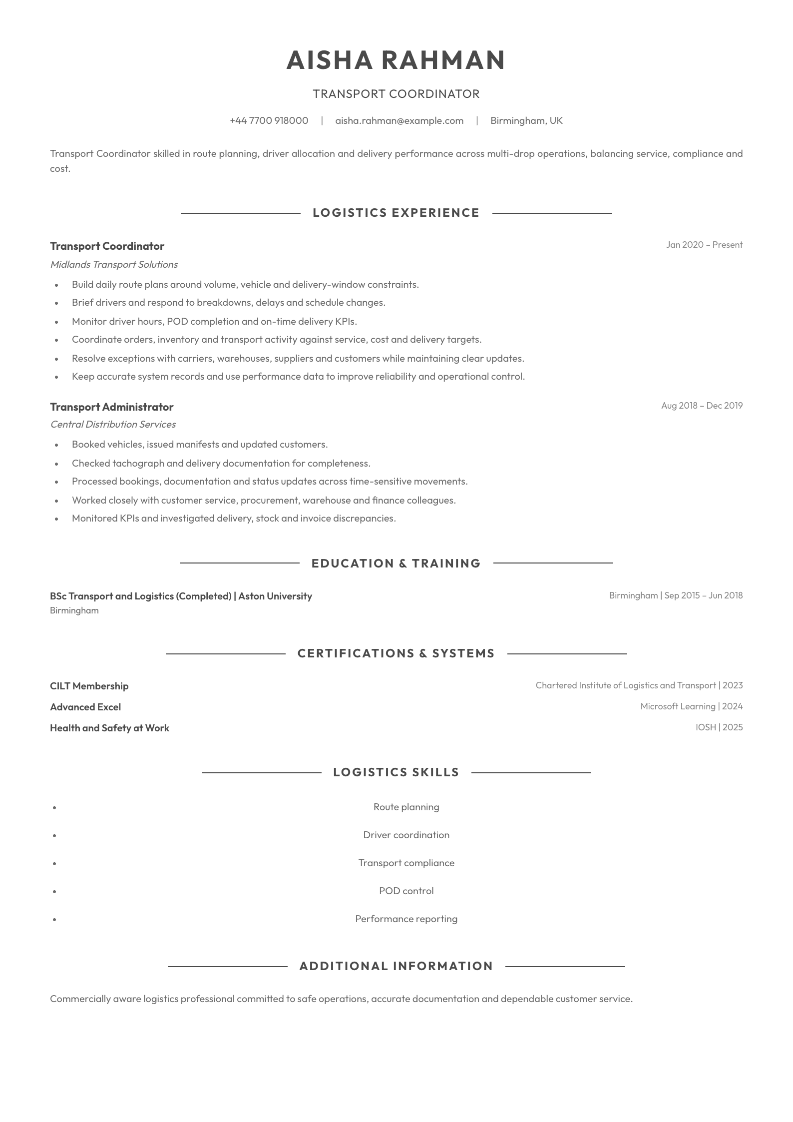 Transport Coordinator CV template