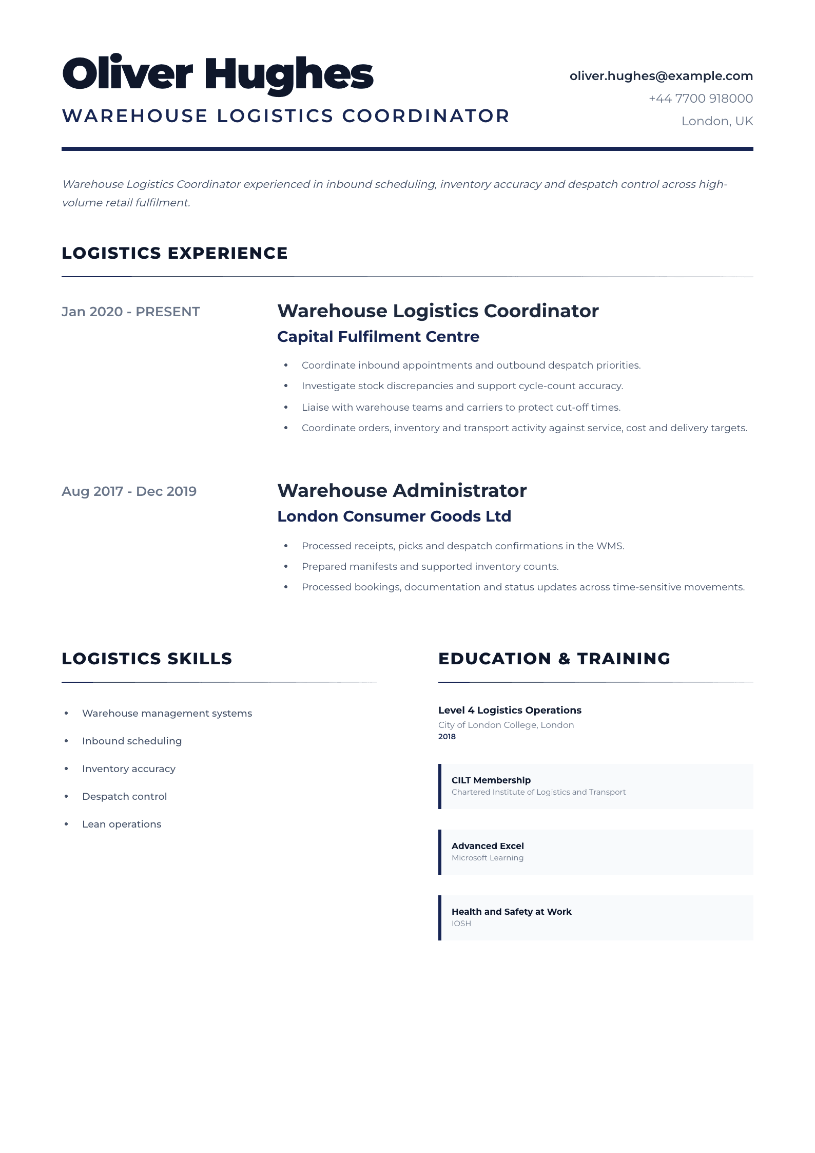Warehouse Logistics Coordinator CV template