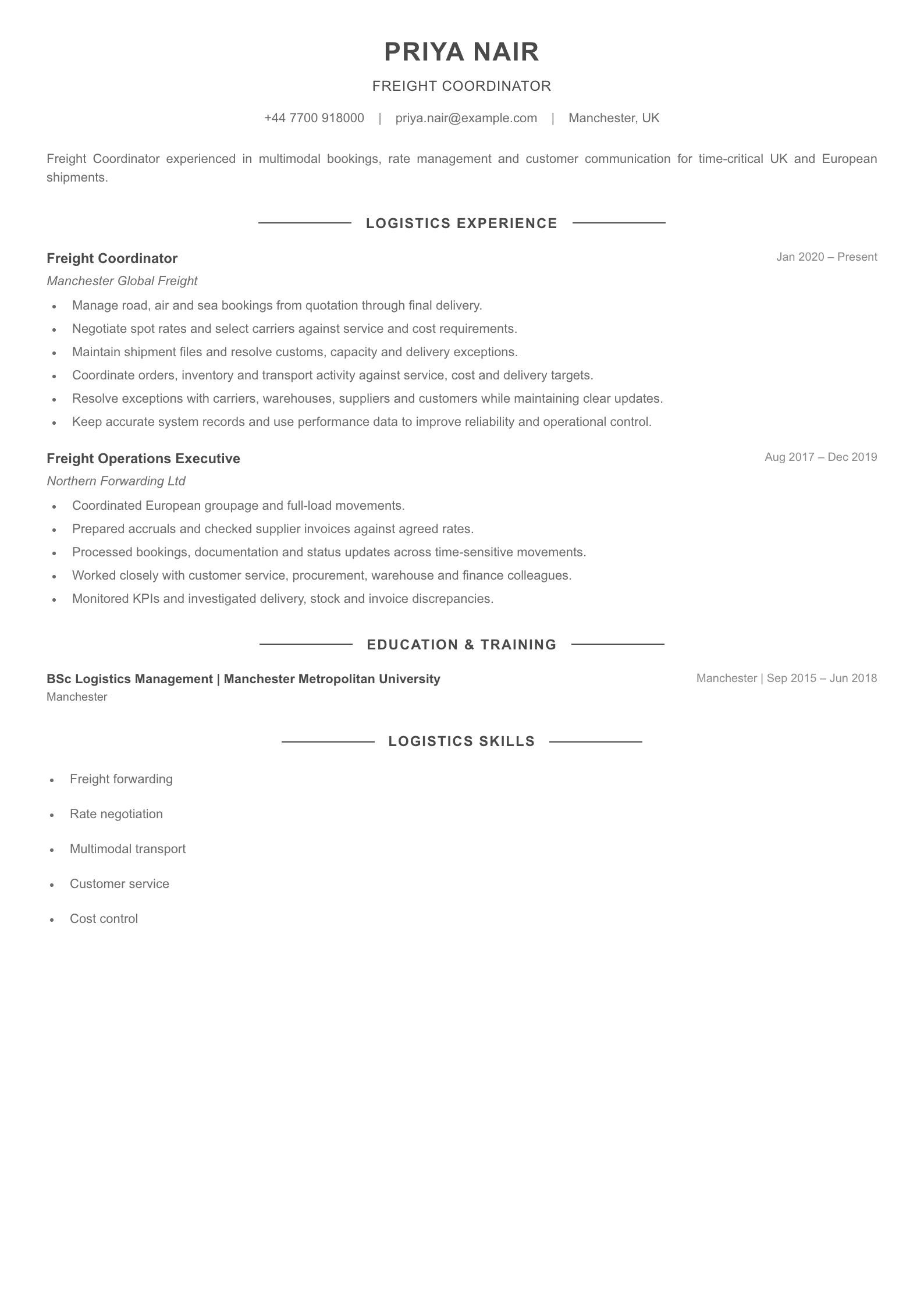 Freight Coordinator CV template