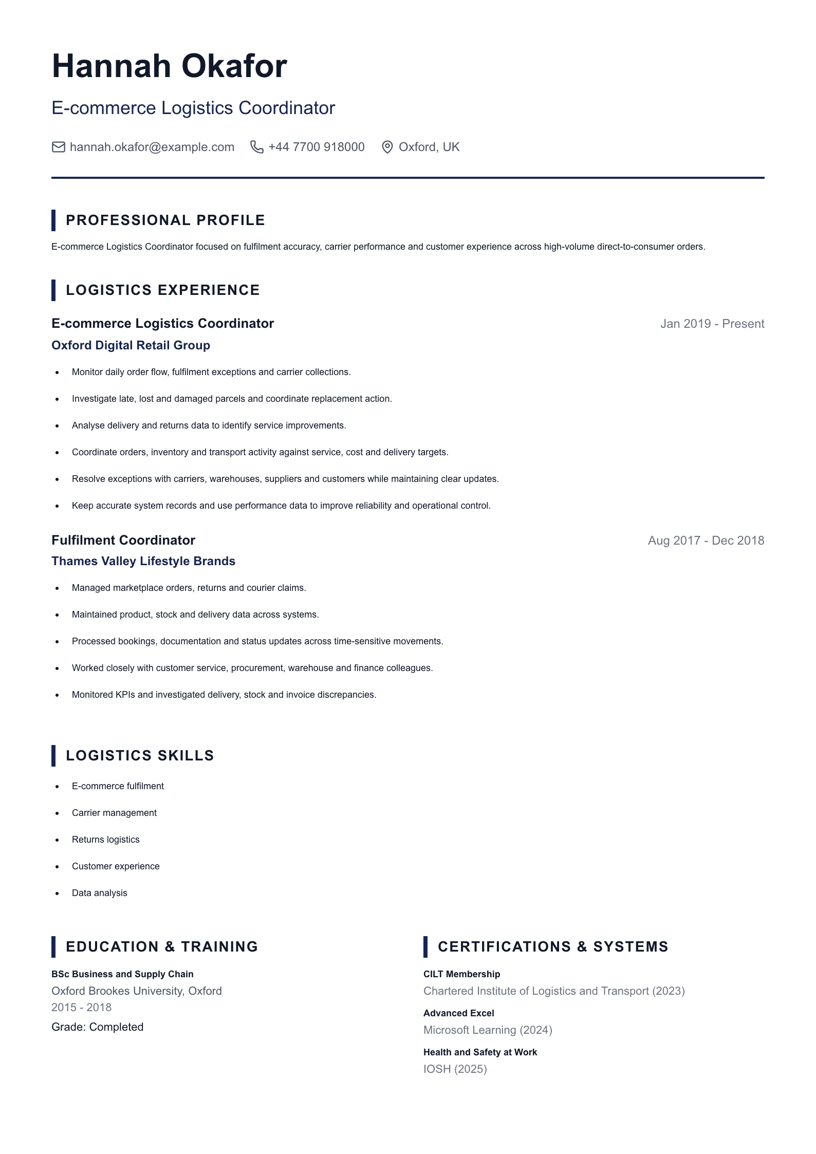 E-commerce Logistics Coordinator CV template