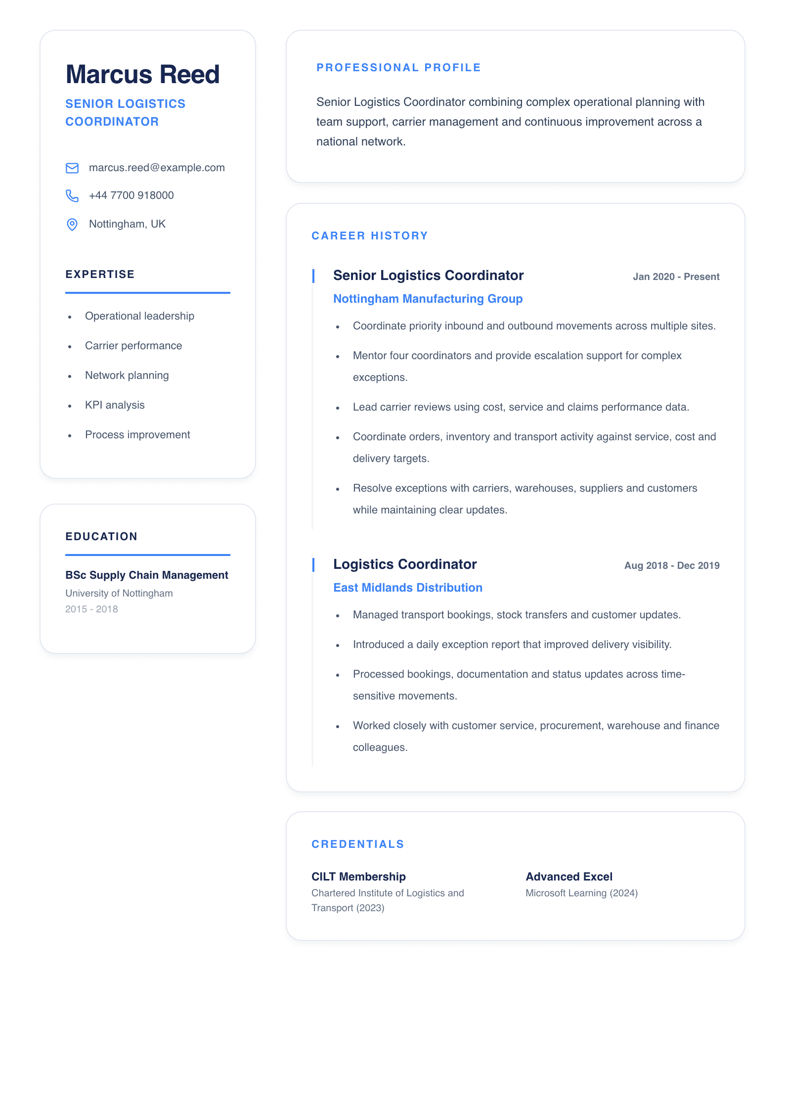 Senior Logistics Coordinator CV template