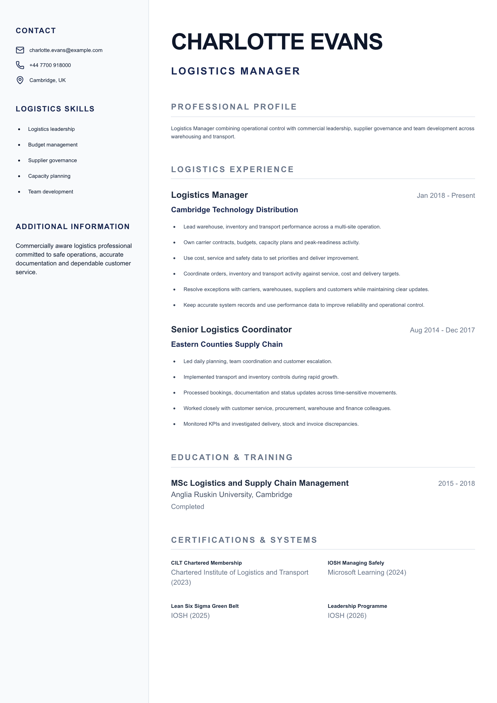Logistics Manager CV template