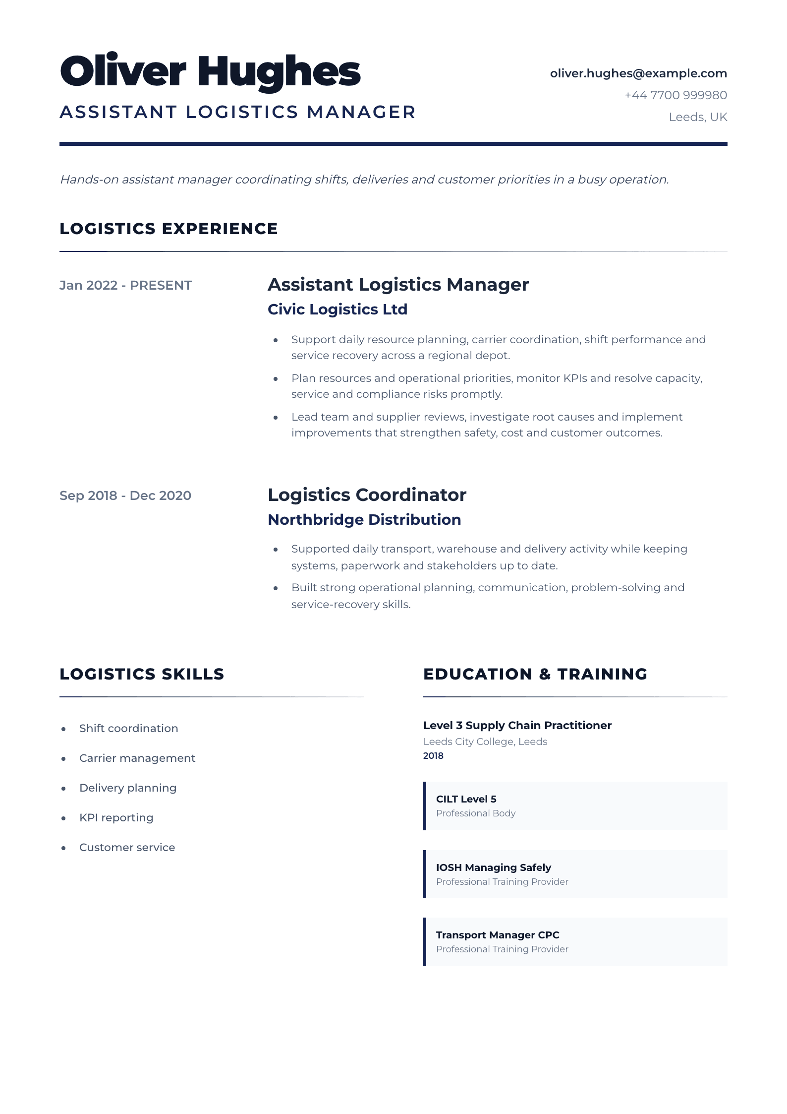 Assistant Logistics Manager CV template