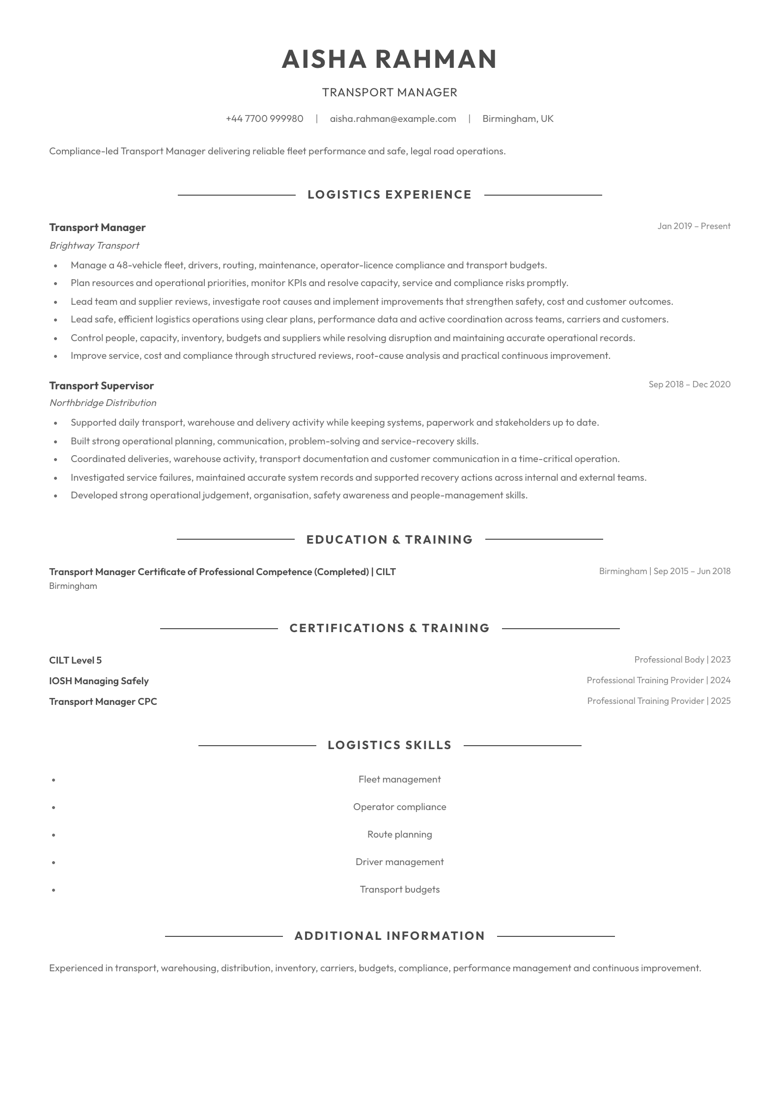Transport Manager CV template