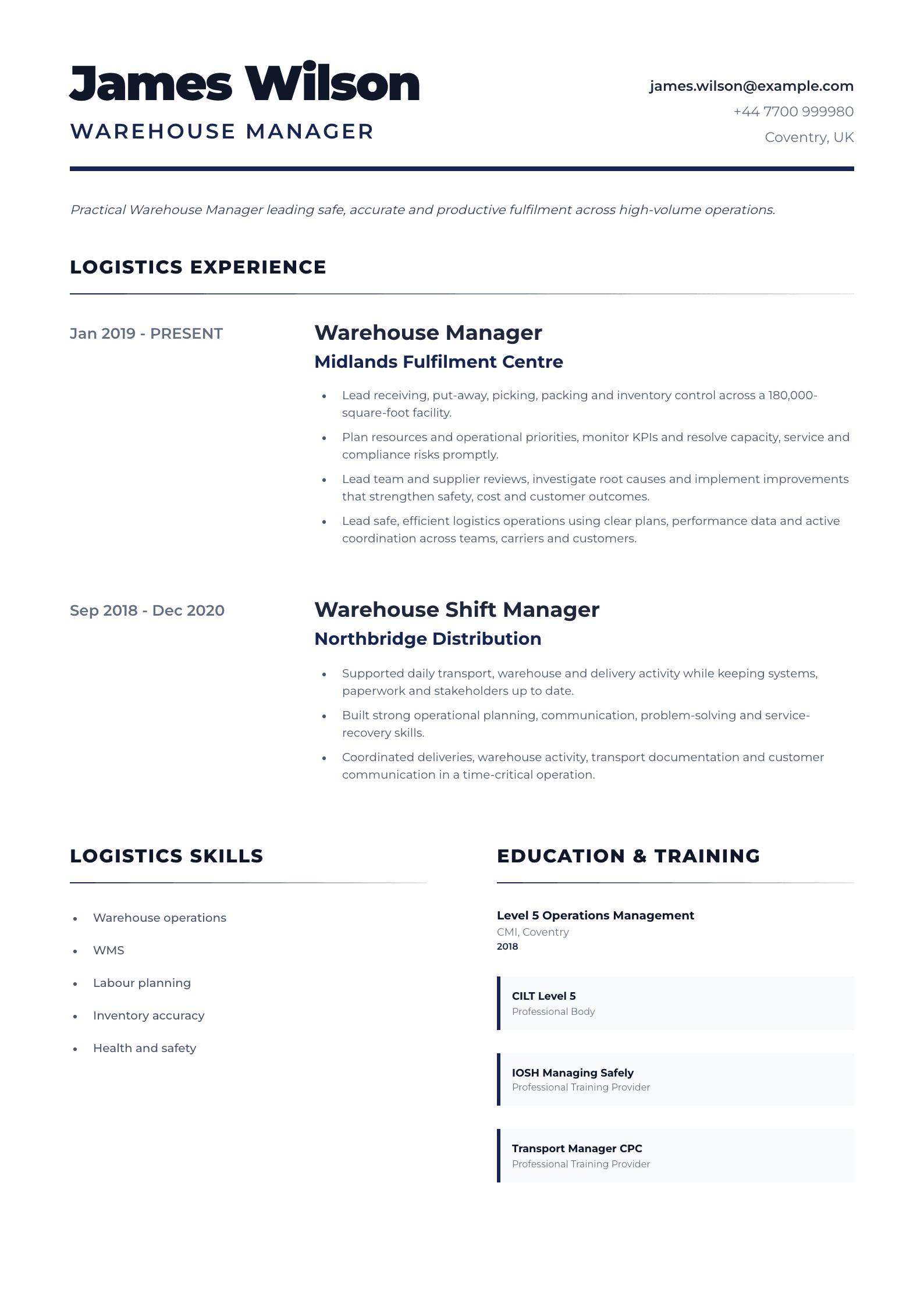 Warehouse Manager CV template